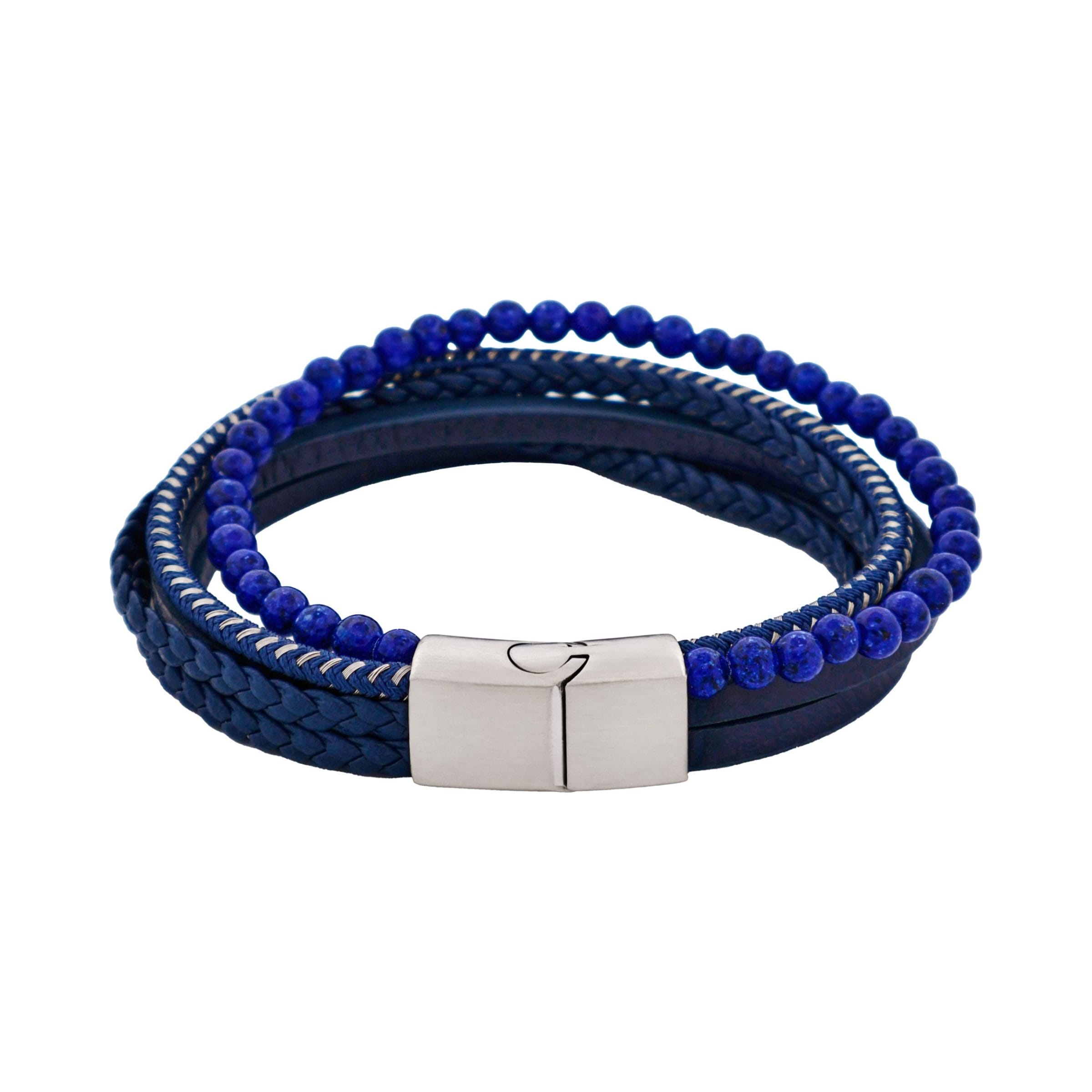 Blue Leather Multi Strand & Lapis Stainless Steel Bracelet