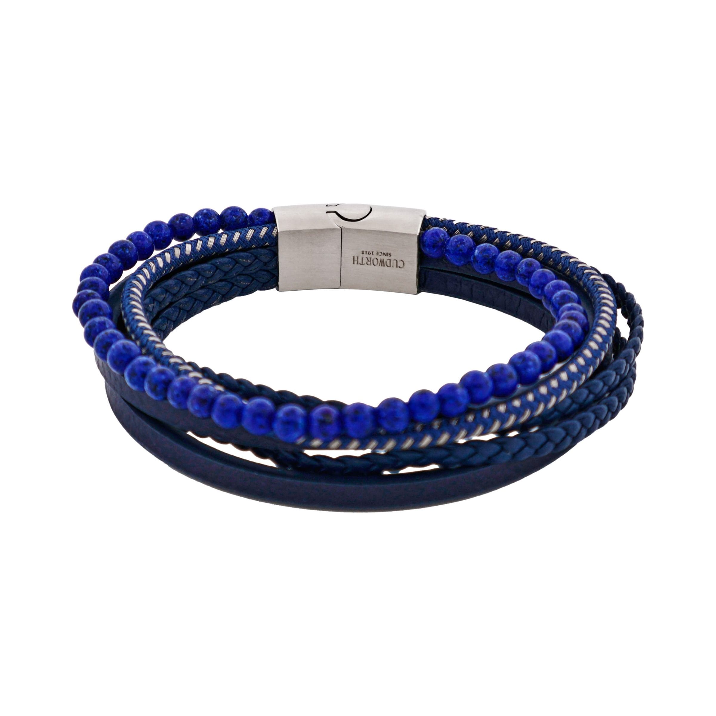 Blue Leather Multi Strand & Lapis Stainless Steel Bracelet
