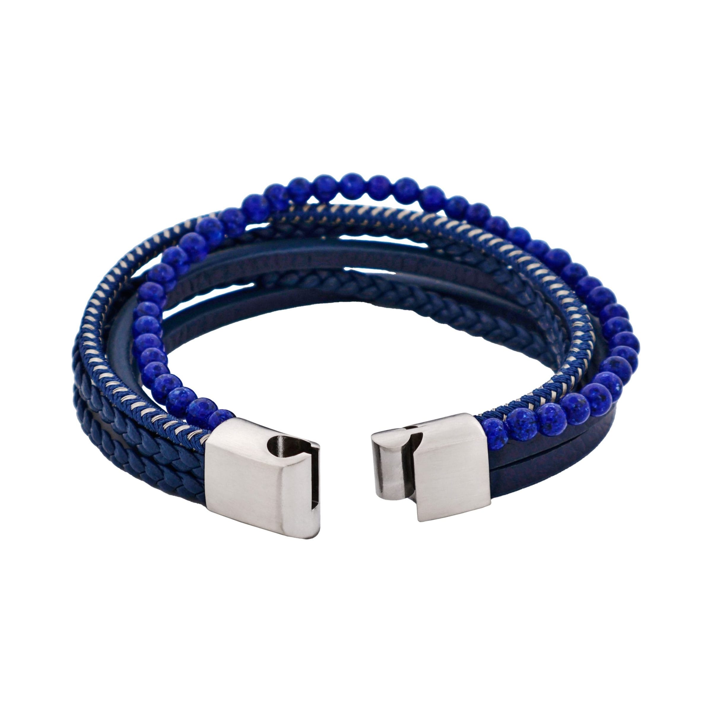 Blue Leather Multi Strand & Lapis Stainless Steel Bracelet