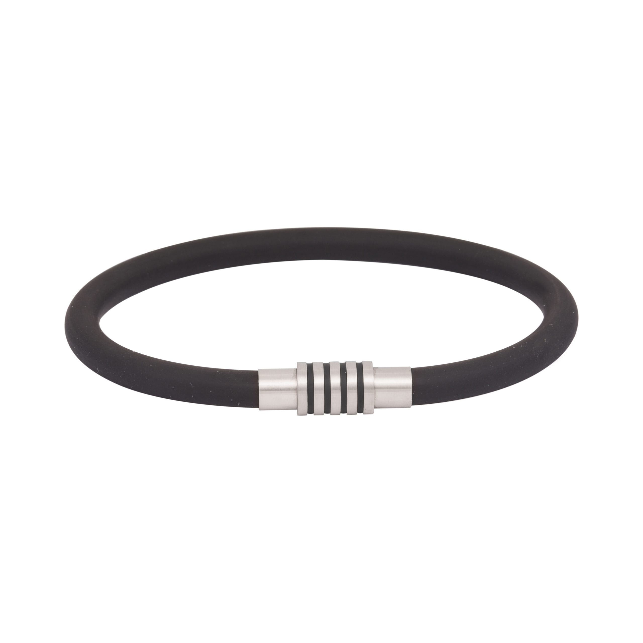 Black Neoprene Rubber Bracelet with Ion Plated Black Enamel Stripes on Stainless Steel Clasp