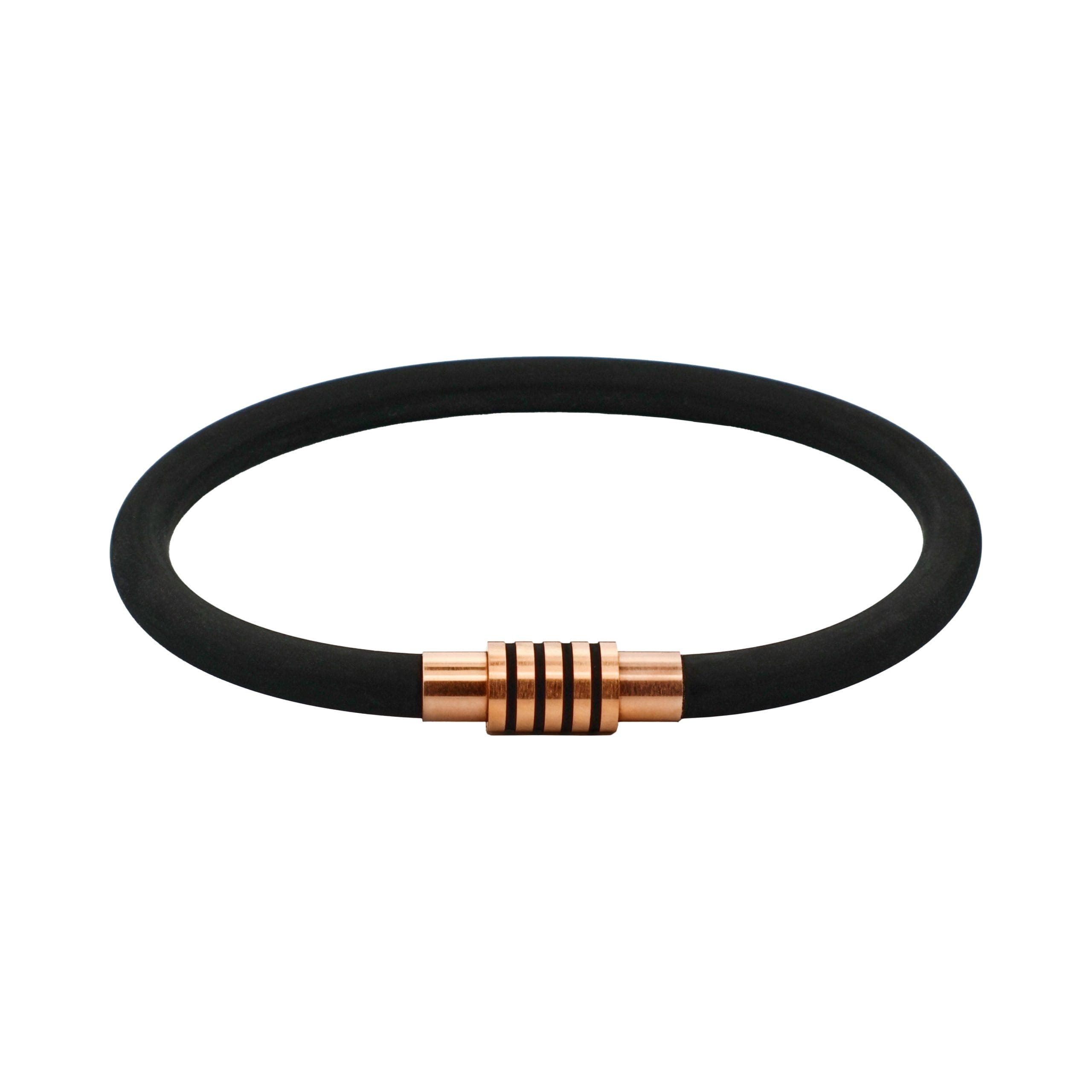 Black Silicone Bracelet with Ion Plated Black Stripes On Ion Plated Rose Gold Stainless Steel Clasp