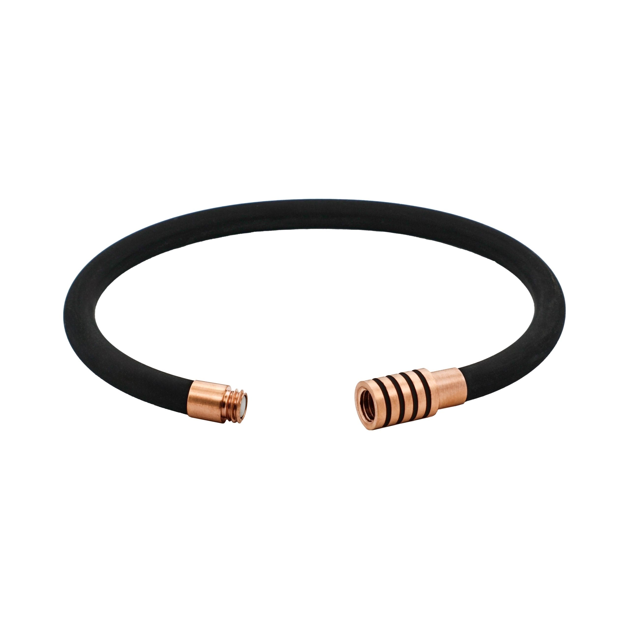Black Silicone Bracelet with Ion Plated Black Stripes On Ion Plated Rose Gold Stainless Steel Clasp