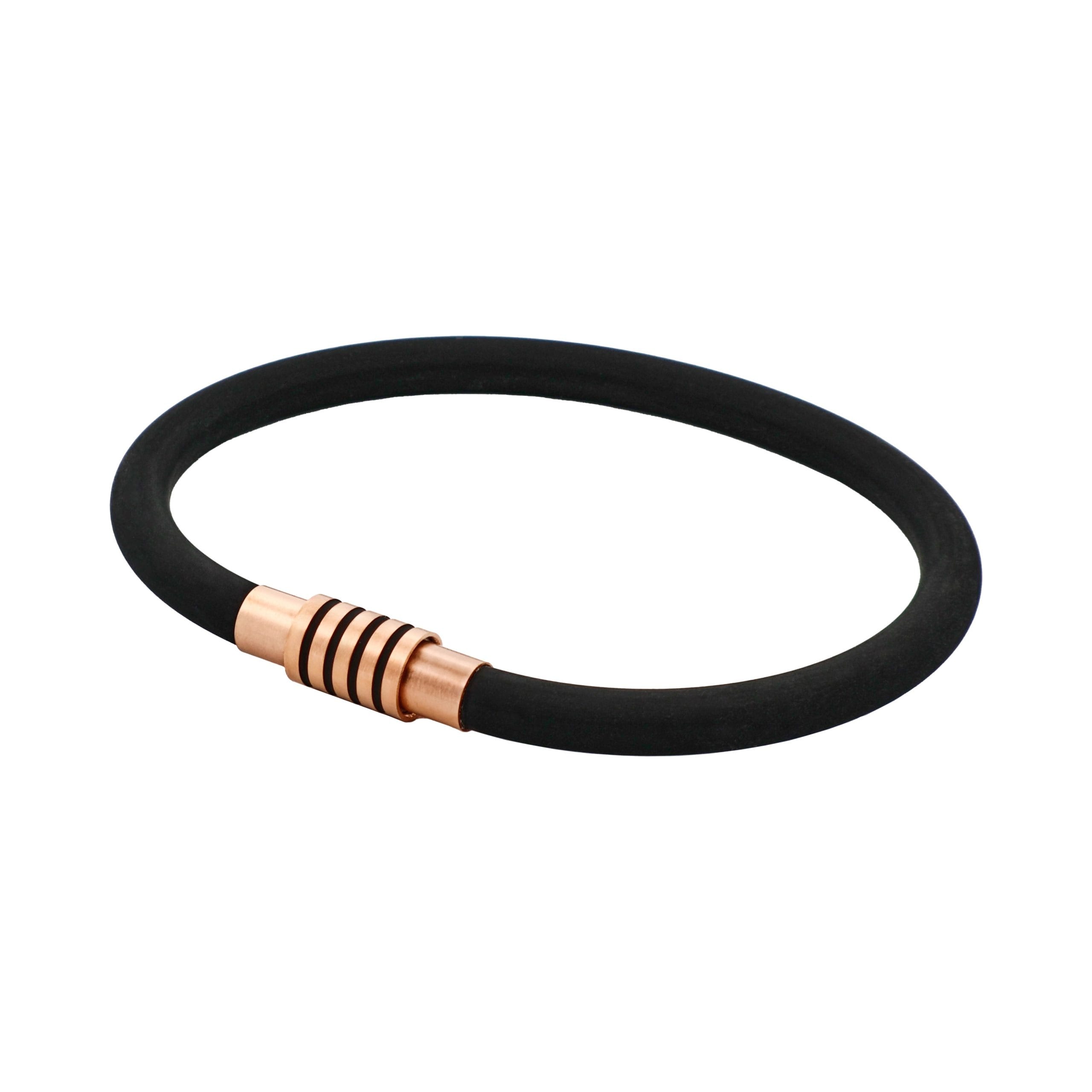 Black Silicone Bracelet with Ion Plated Black Stripes On Ion Plated Rose Gold Stainless Steel Clasp