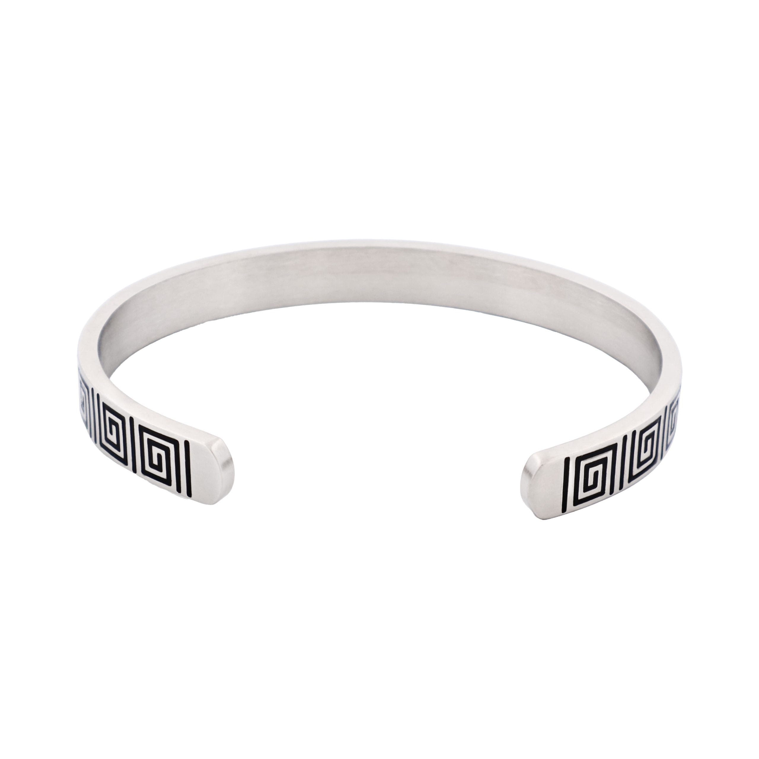 Brushed Stainless Steel Black Enamel Greek Key Pattern Cuff/Bangle