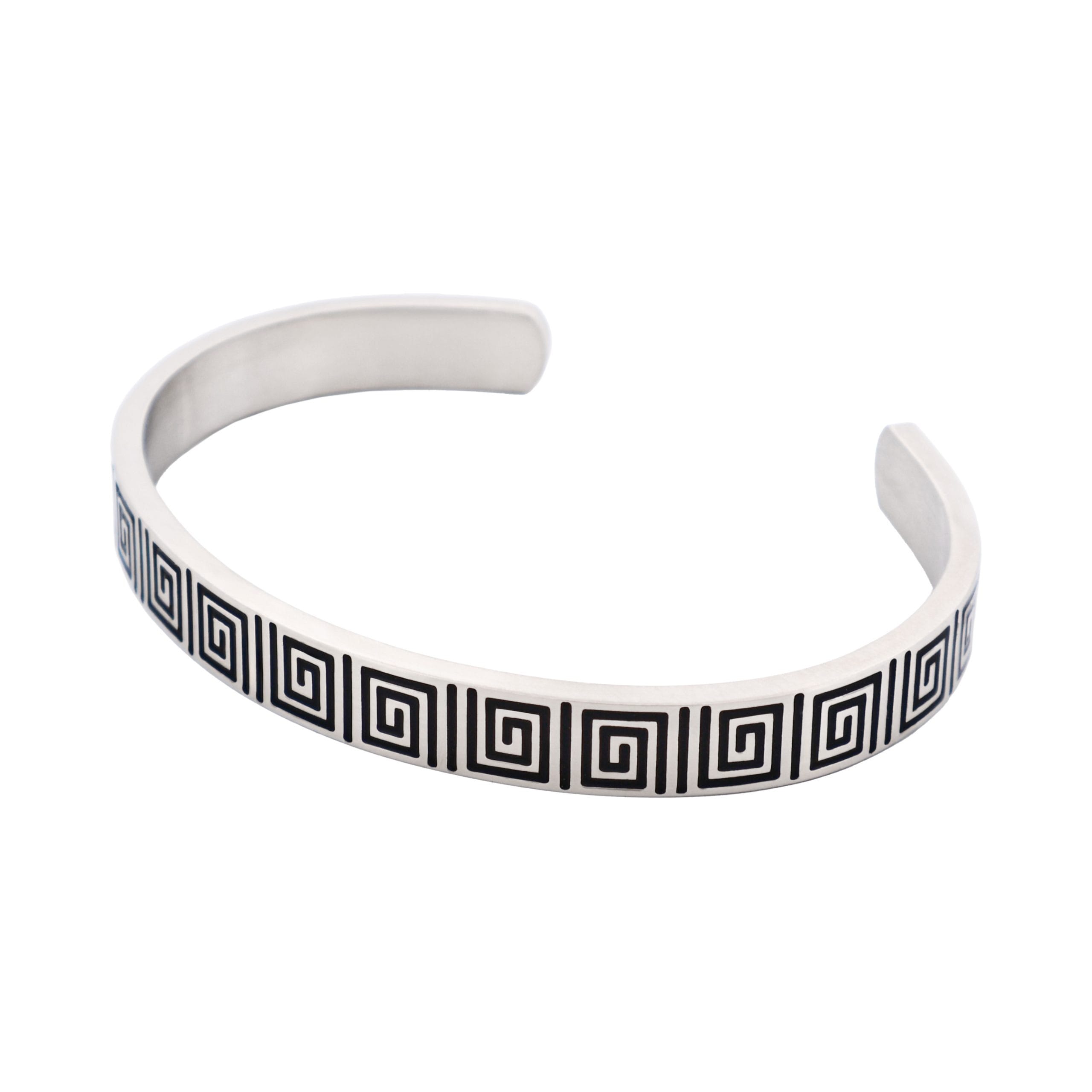 Brushed Stainless Steel Black Enamel Greek Key Pattern Cuff/Bangle