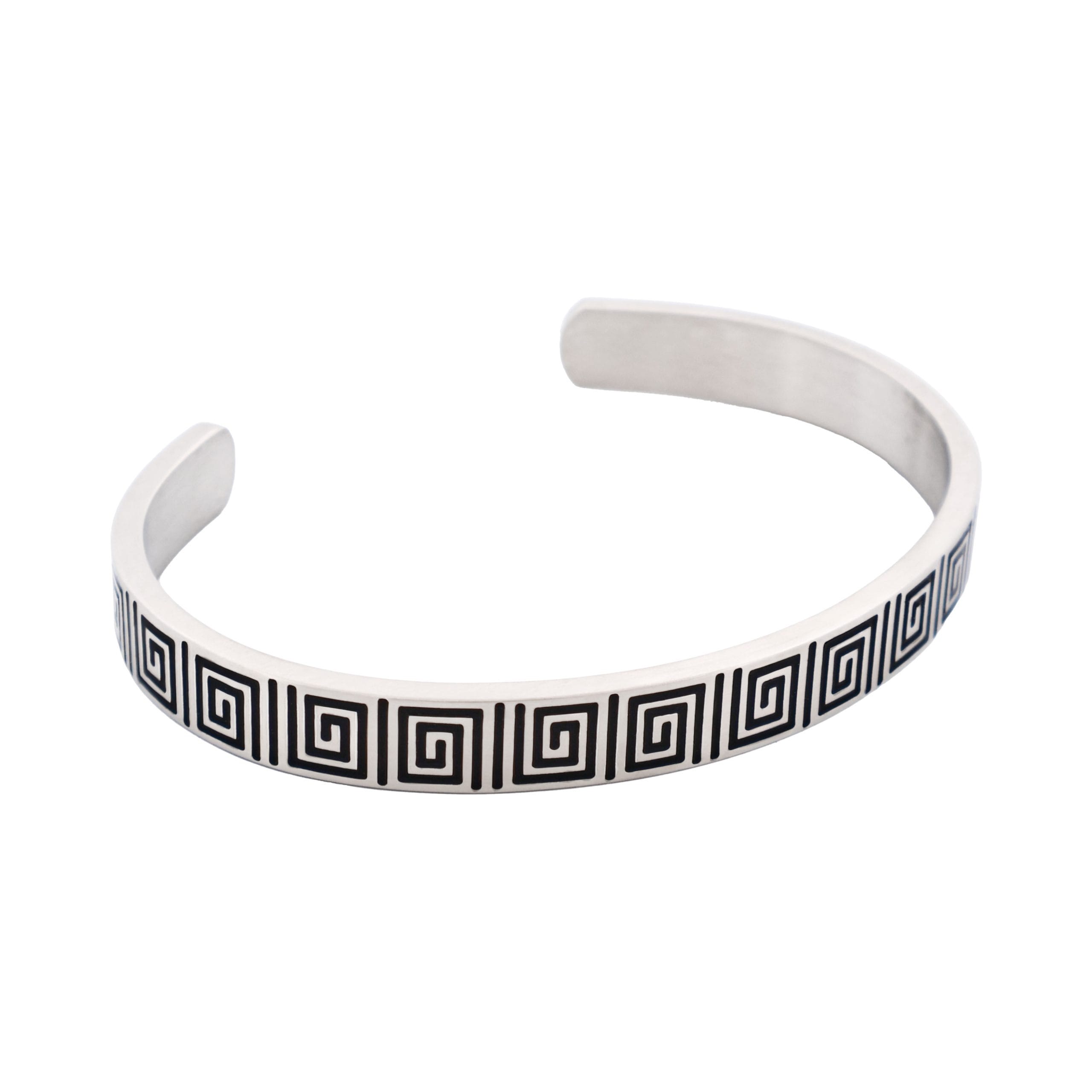 Brushed Stainless Steel Black Enamel Greek Key Pattern Cuff/Bangle