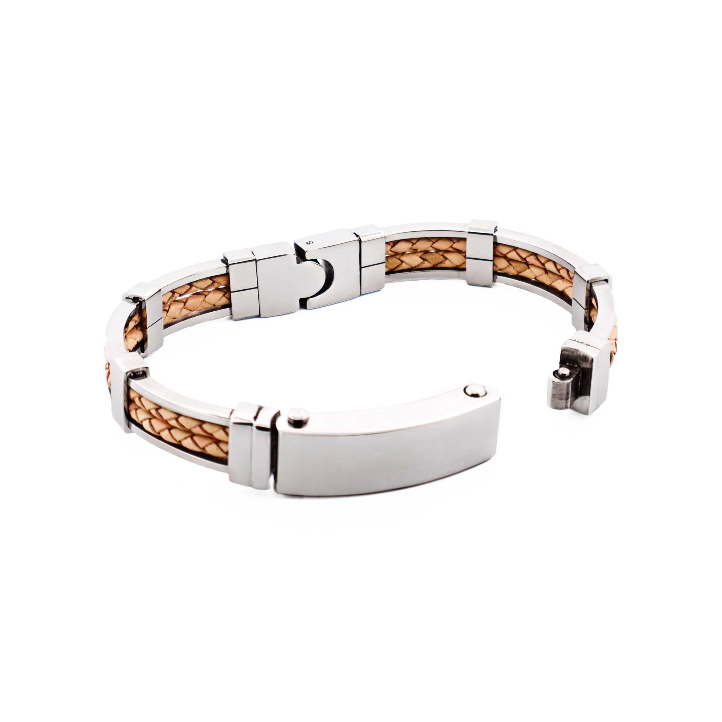 Polished Stainless Steel Bracelet with Double Strand Braided Tan Leather