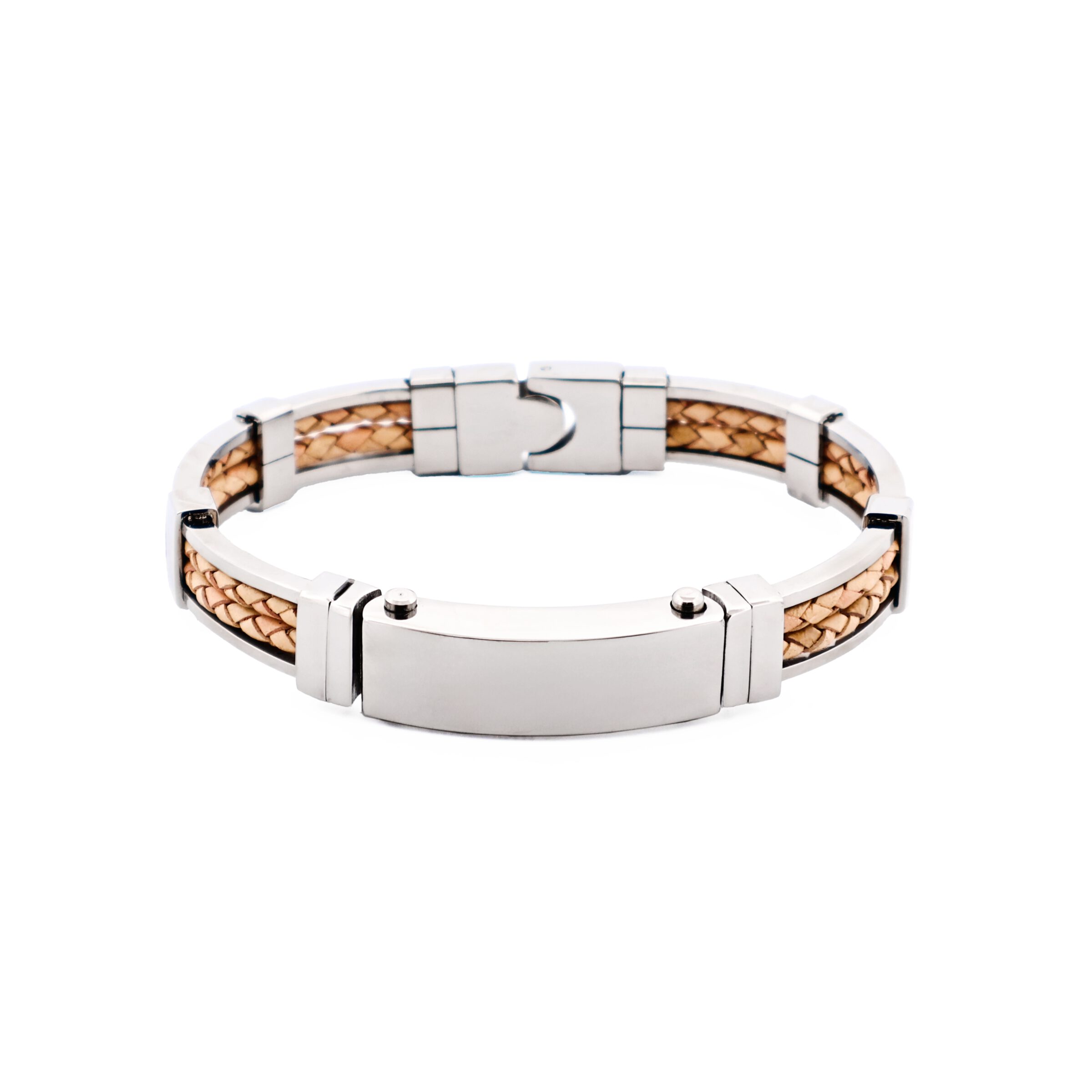 Polished Stainless Steel Bracelet with Double Strand Braided Tan Leather