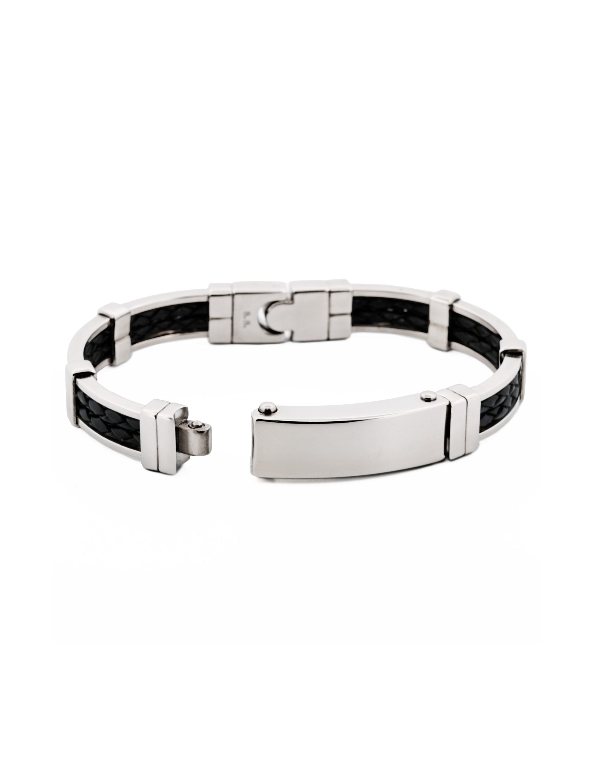 Stainless Steel Black leather Bangle - Small - top opening