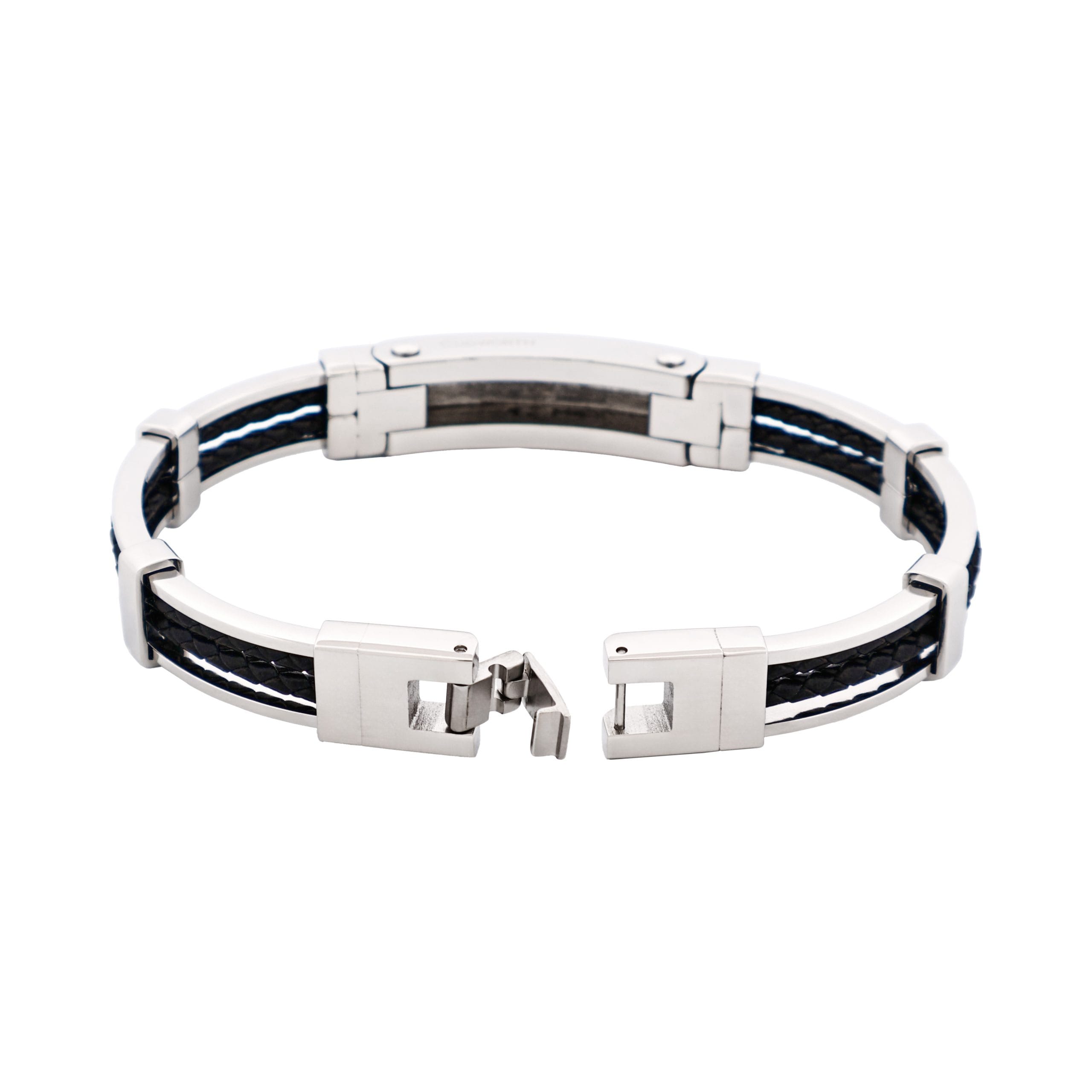 Polished Stainless Steel Bracelet with Double Strand Braided Black Leather
