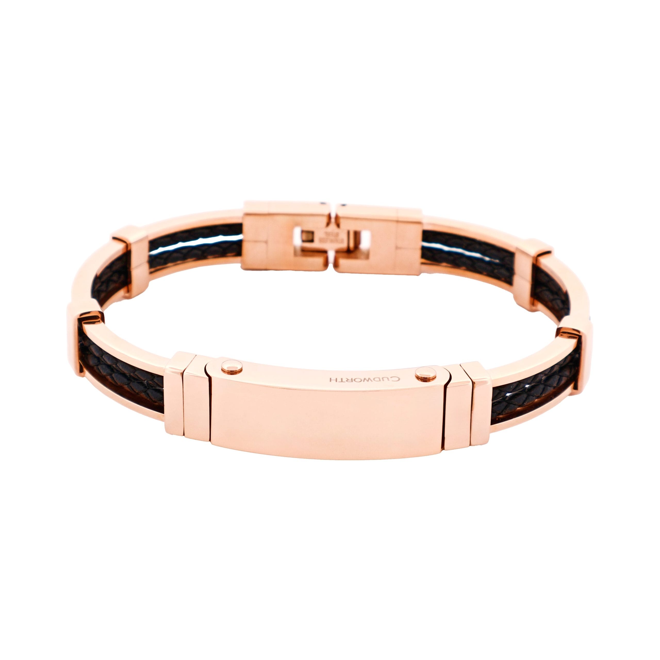 Polished Ion Plated Rose Gold Stainless Steel Bracelet with Double Strand Braided Black Leather