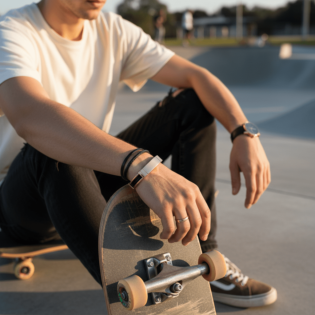 Polished Ion Plated Rose Gold Stainless Steel Bracelet with Double Strand Braided Black Leather