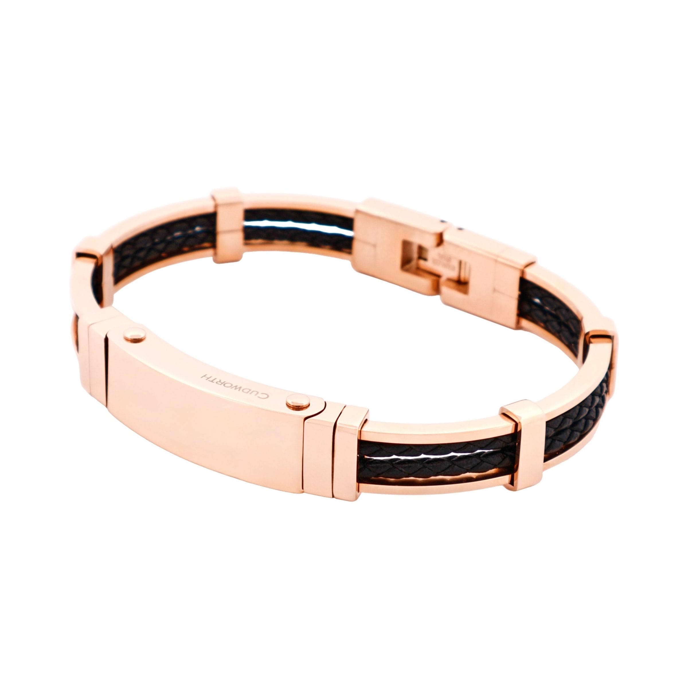 Polished Ion Plated Rose Gold Stainless Steel Bracelet with Double Strand Braided Black Leather