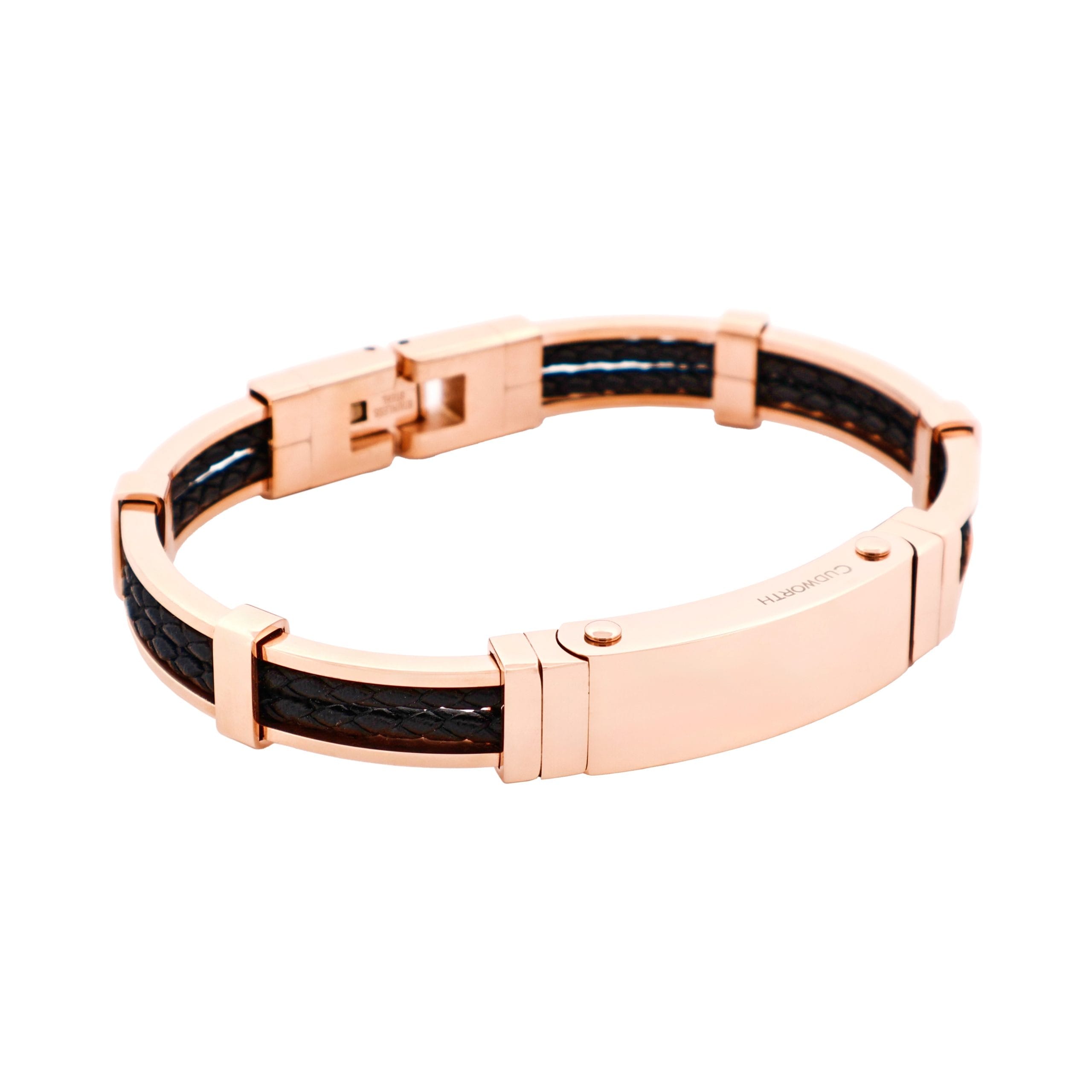Polished Ion Plated Rose Gold Stainless Steel Bracelet with Double Strand Braided Black Leather