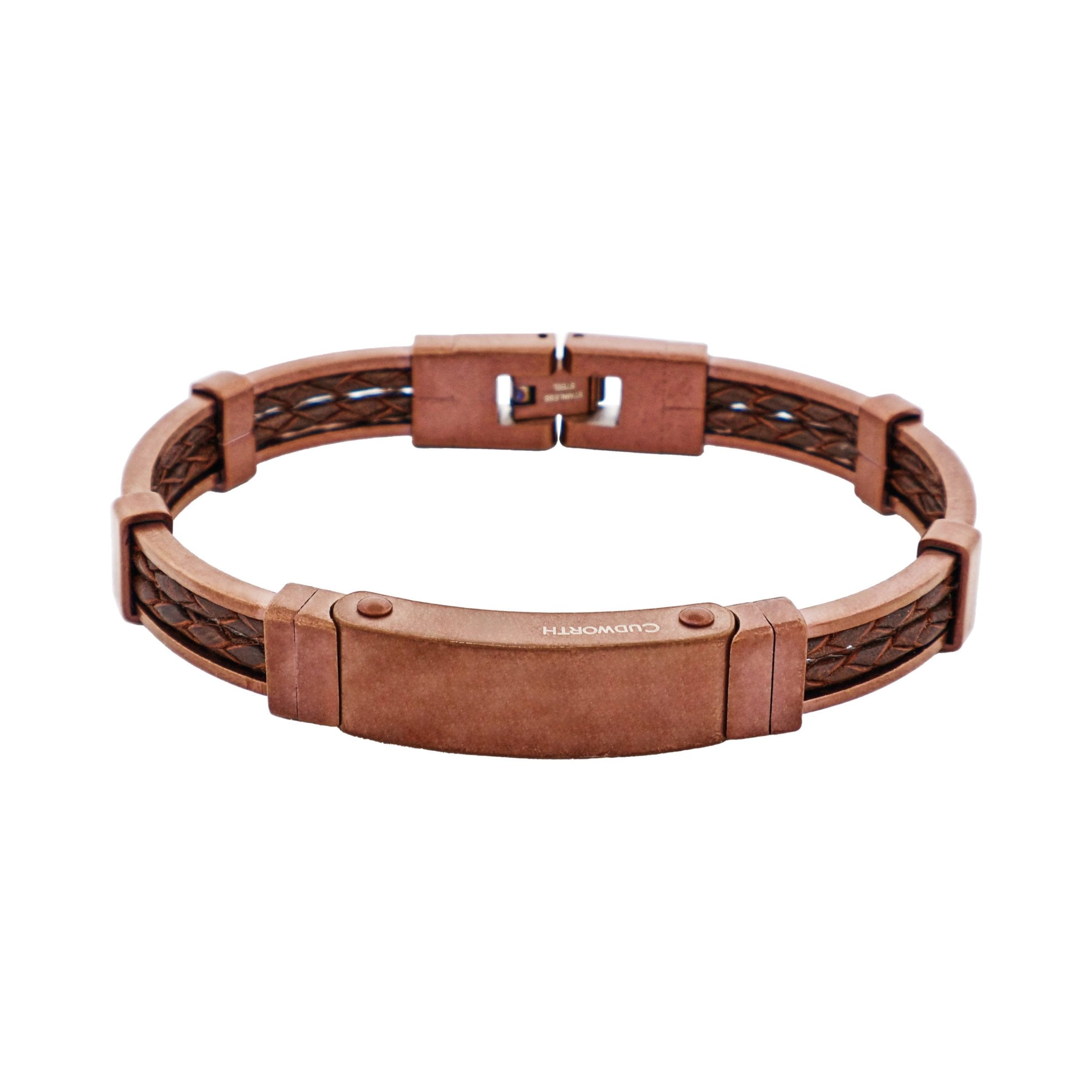 Antique Ion Plated Brown Stainless Steel Bracelet with Double Strand Braided Brown Leather