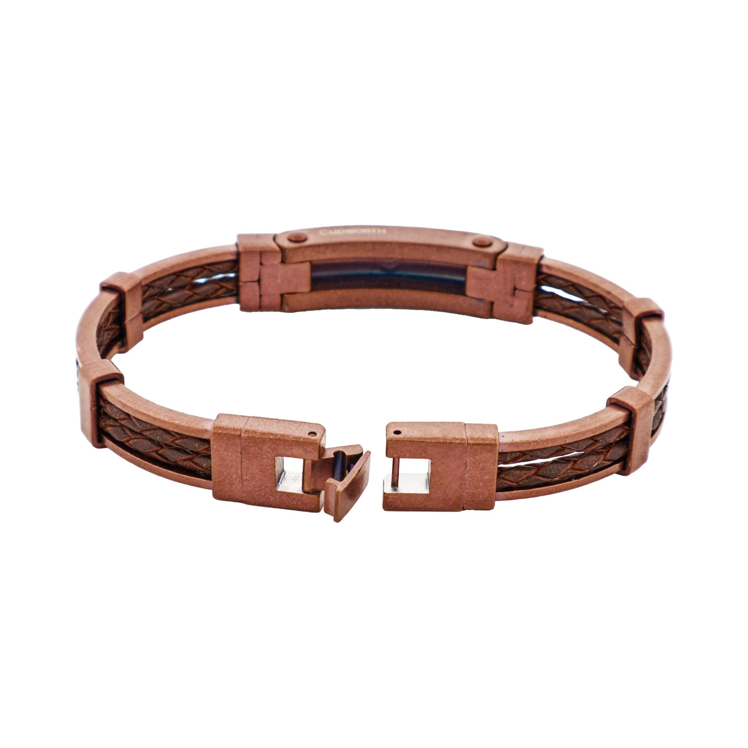 Antique Ion Plated Brown Stainless Steel Bracelet with Double Strand Braided Brown Leather