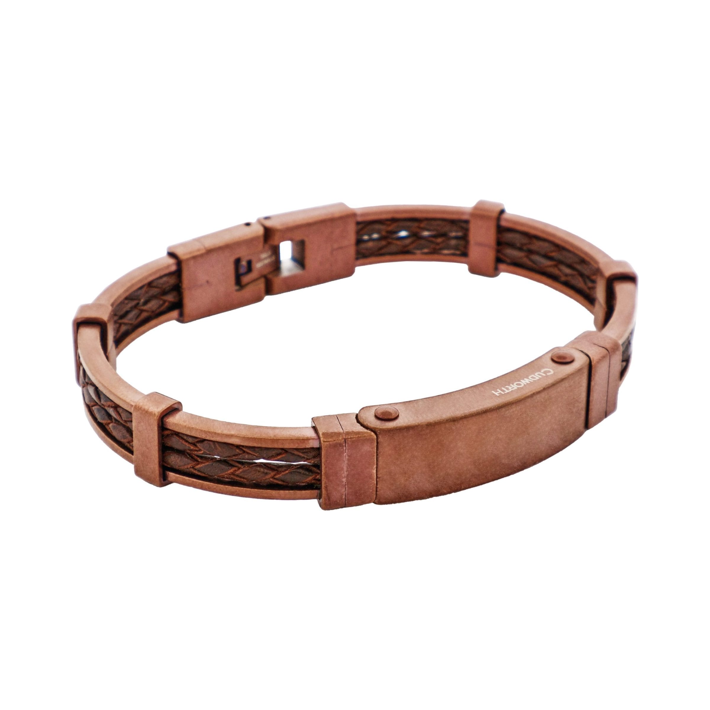 Antique Ion Plated Brown Stainless Steel Bracelet with Double Strand Braided Brown Leather