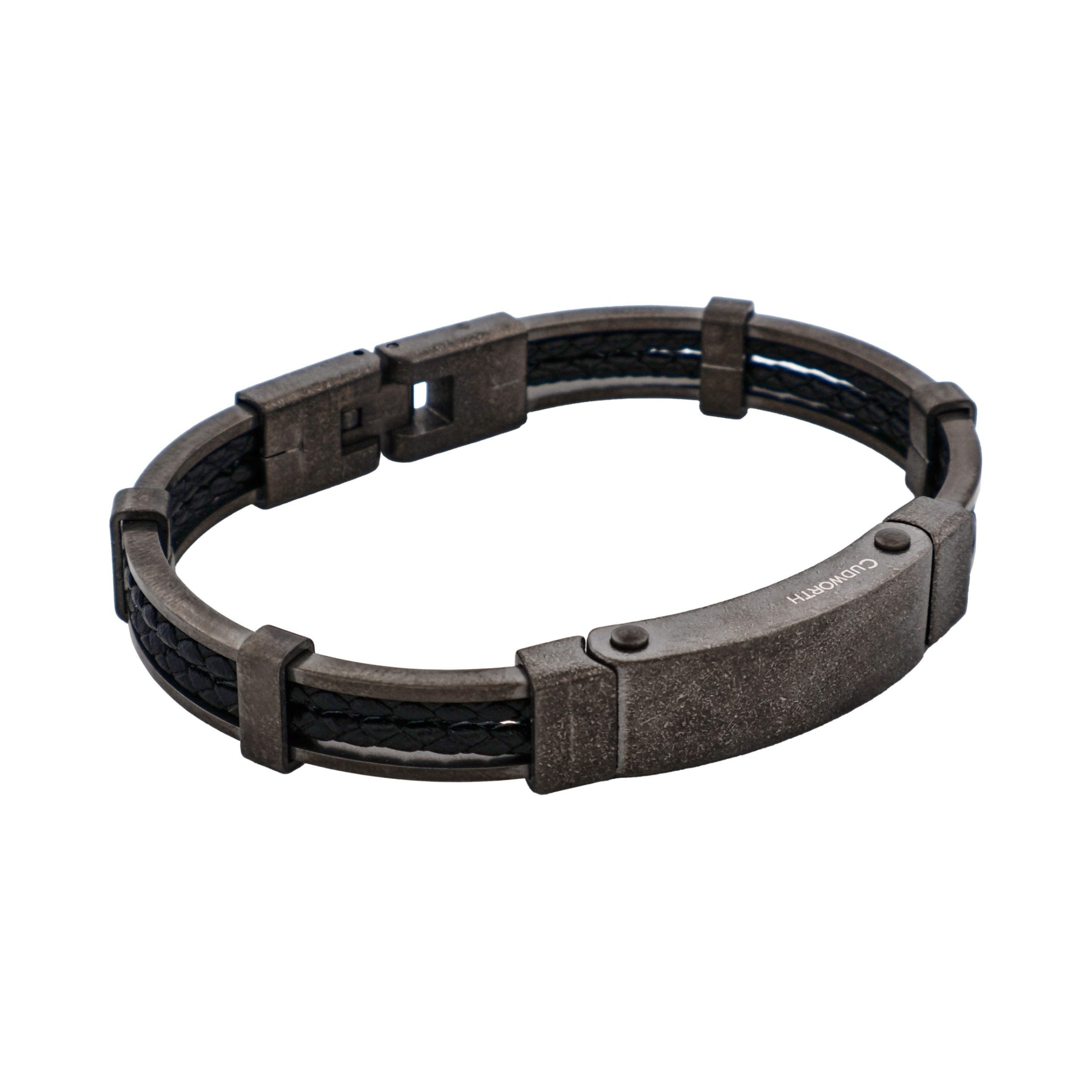 Ion Plated Antique Gun Metal Stainless Steel & Black Leather Bracelet