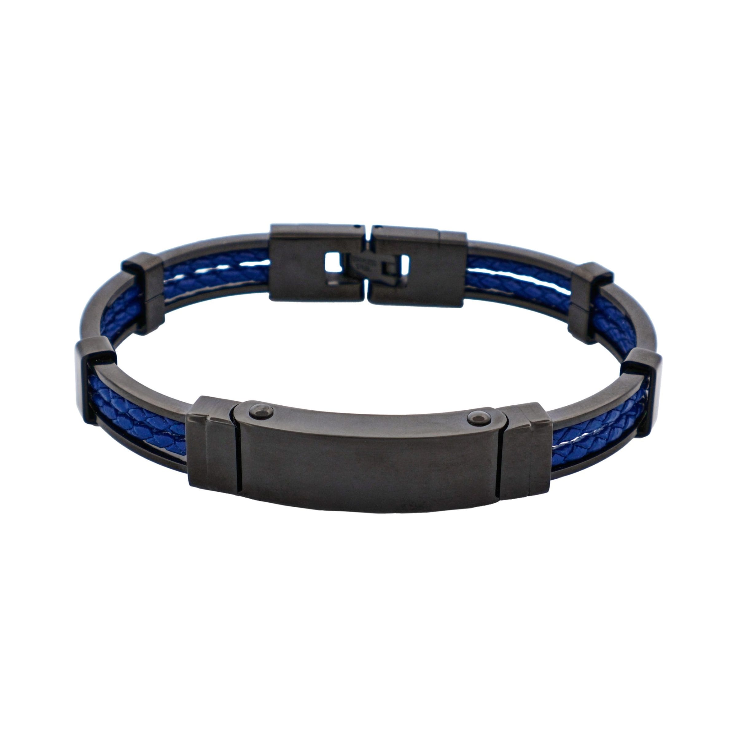 Ion Plated Polished Black Stainless Steel & Blue Leather Bracelet