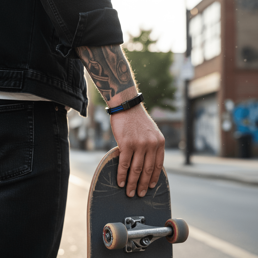 Ion Plated Polished Black Stainless Steel & Blue Leather Bracelet