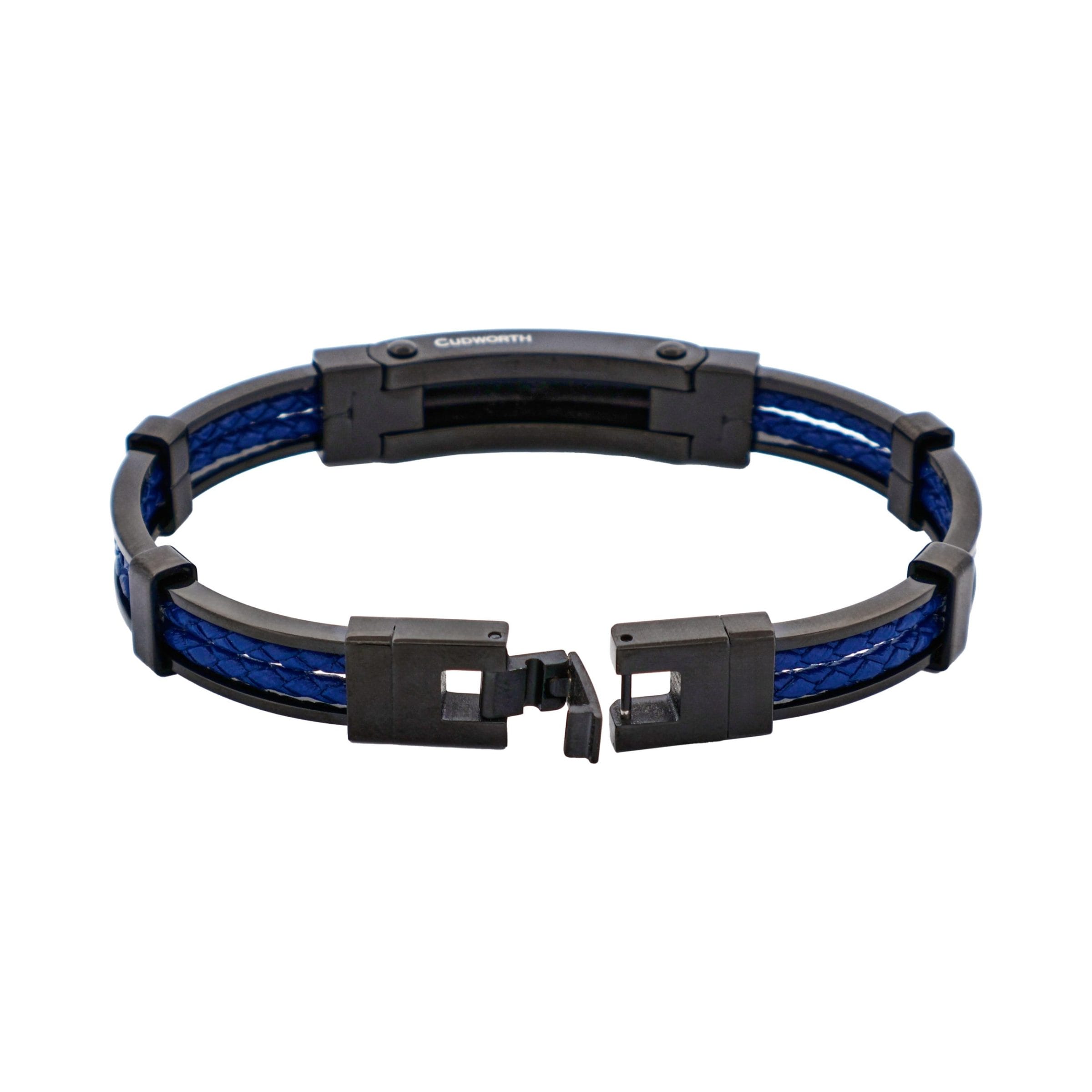 Ion Plated Polished Black Stainless Steel & Blue Leather Bracelet