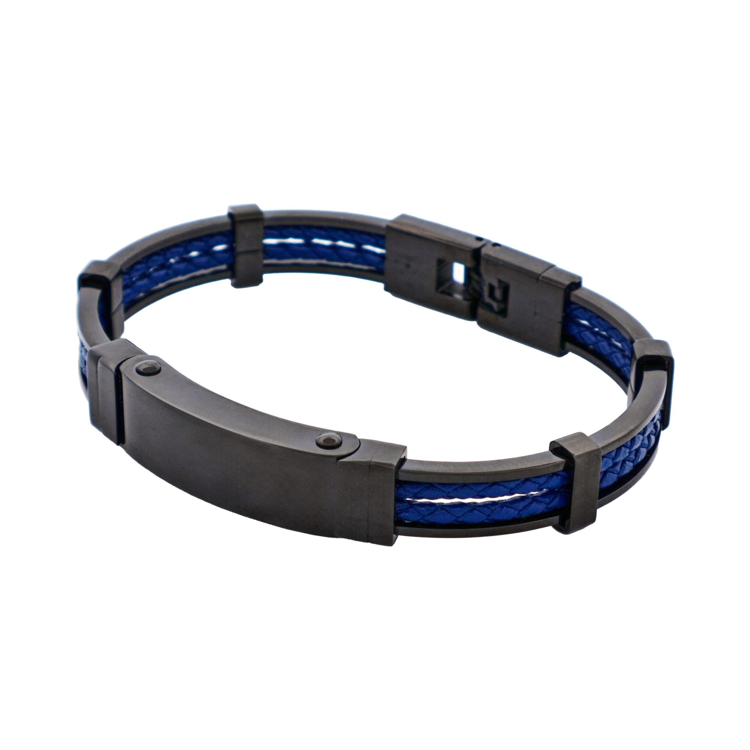 Ion Plated Polished Black Stainless Steel & Blue Leather Bracelet