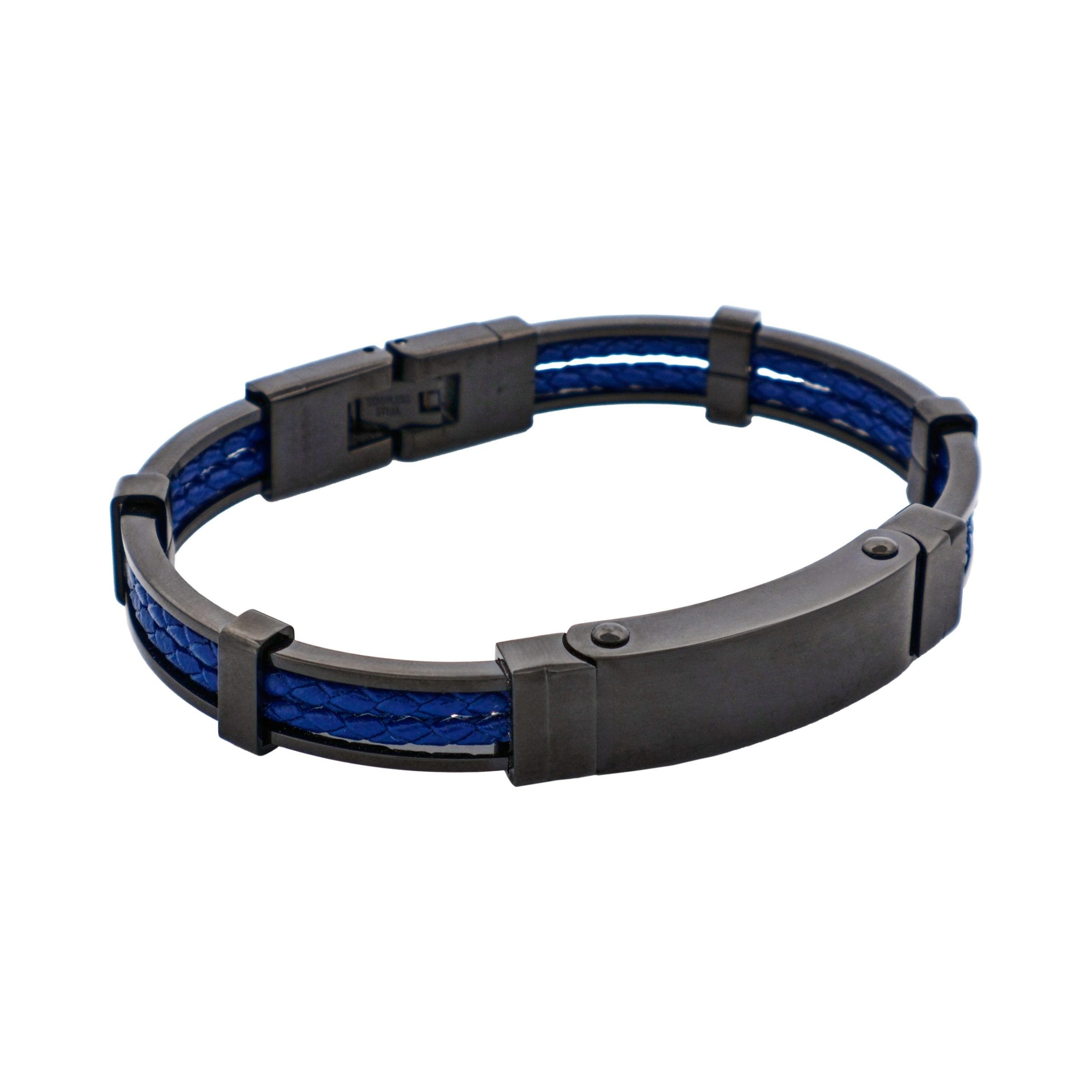 Ion Plated Polished Black Stainless Steel & Blue Leather Bracelet