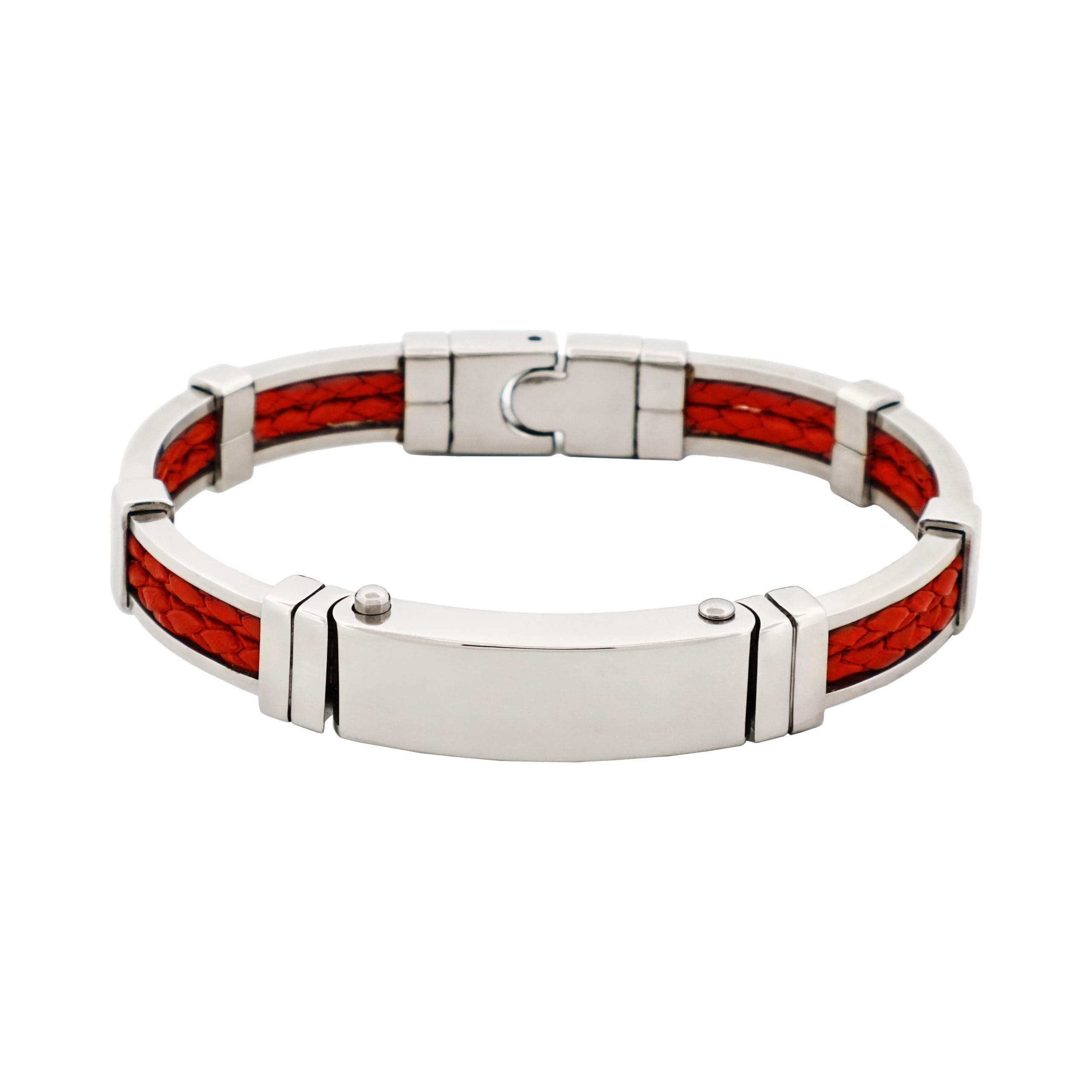 Polished Stainless Steel Bracelet with Double Strand Braided Red Leather