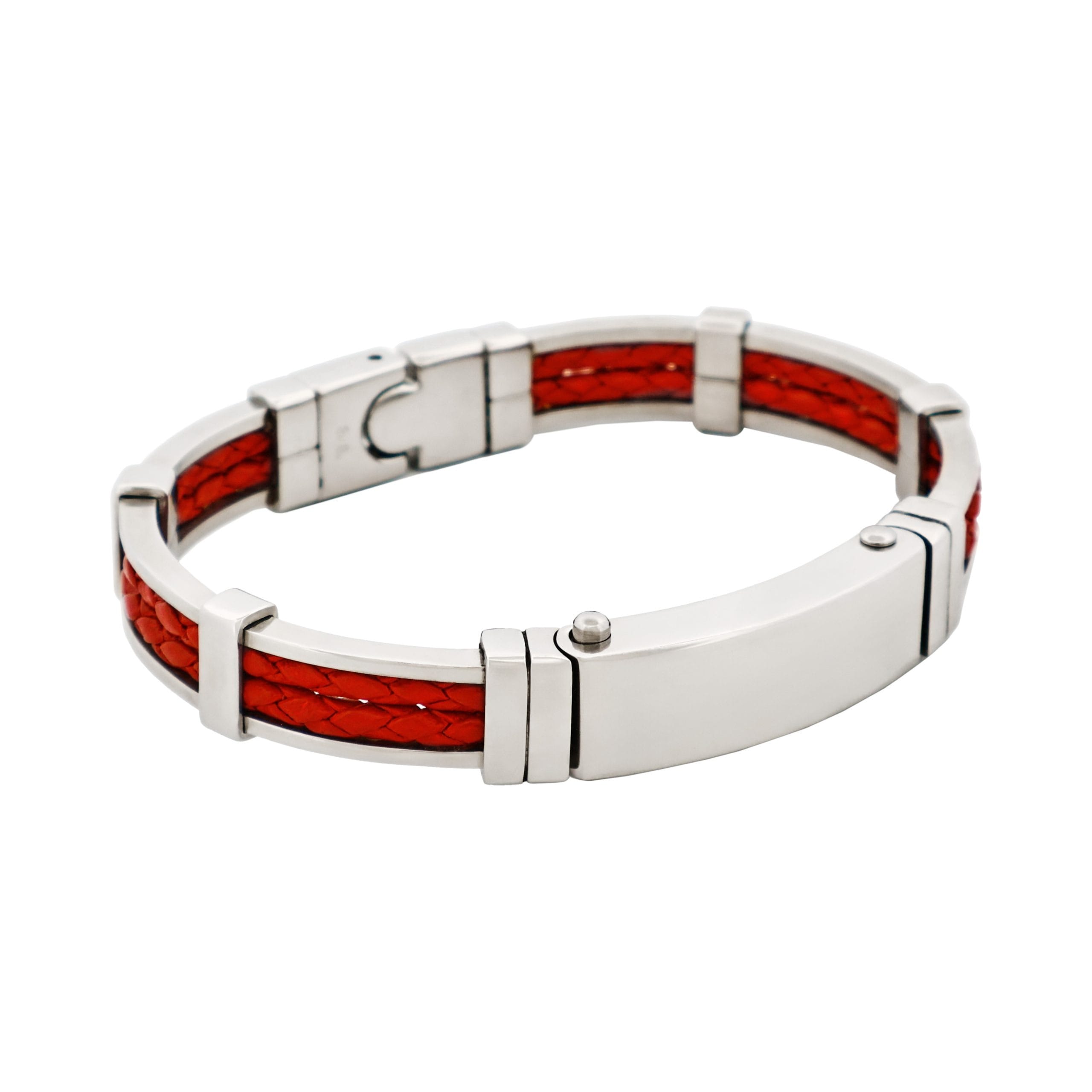 Polished Stainless Steel Bracelet with Double Strand Braided Red Leather