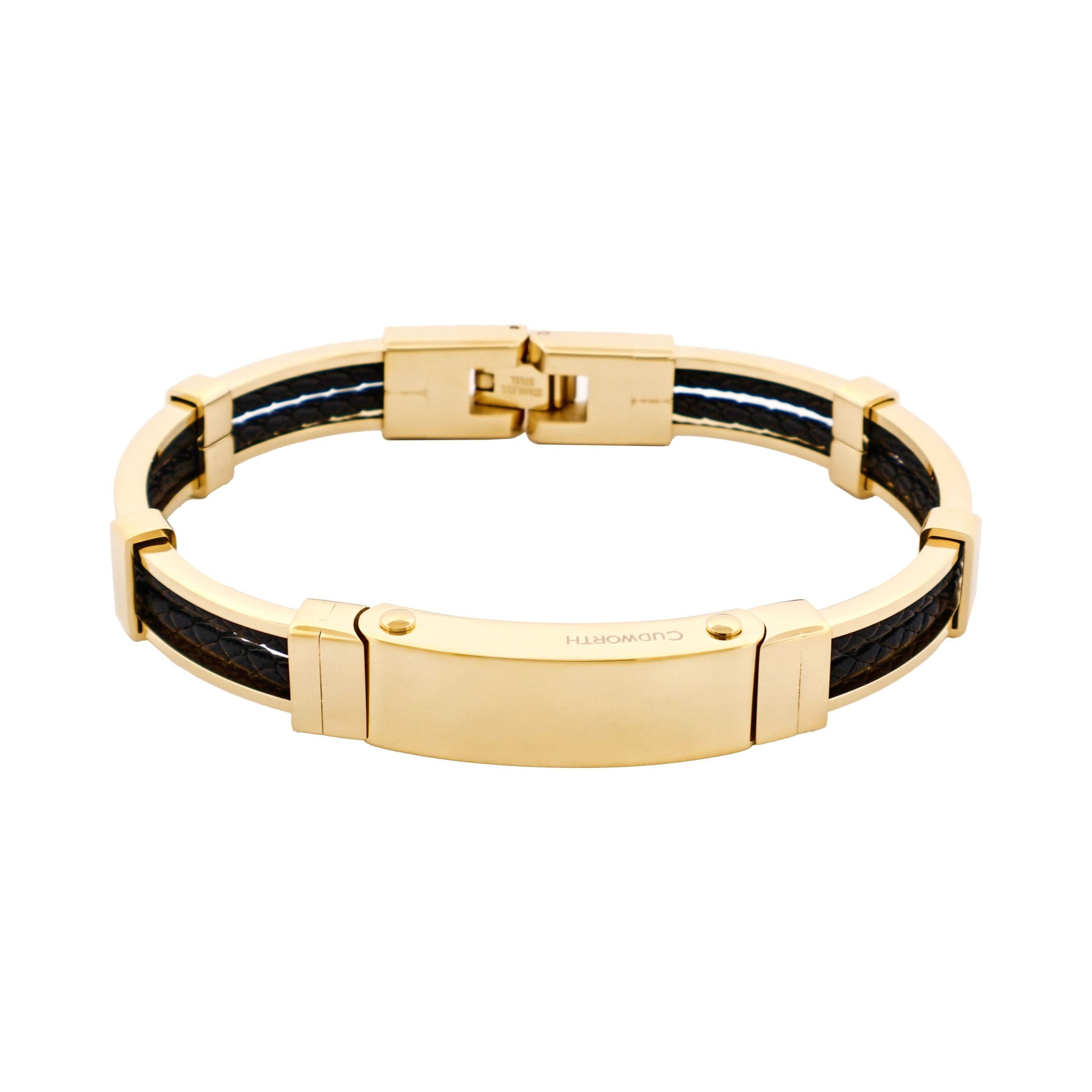 Ion Plated Polished 14k Gold & Stainless Steel Black Leather Bracelet