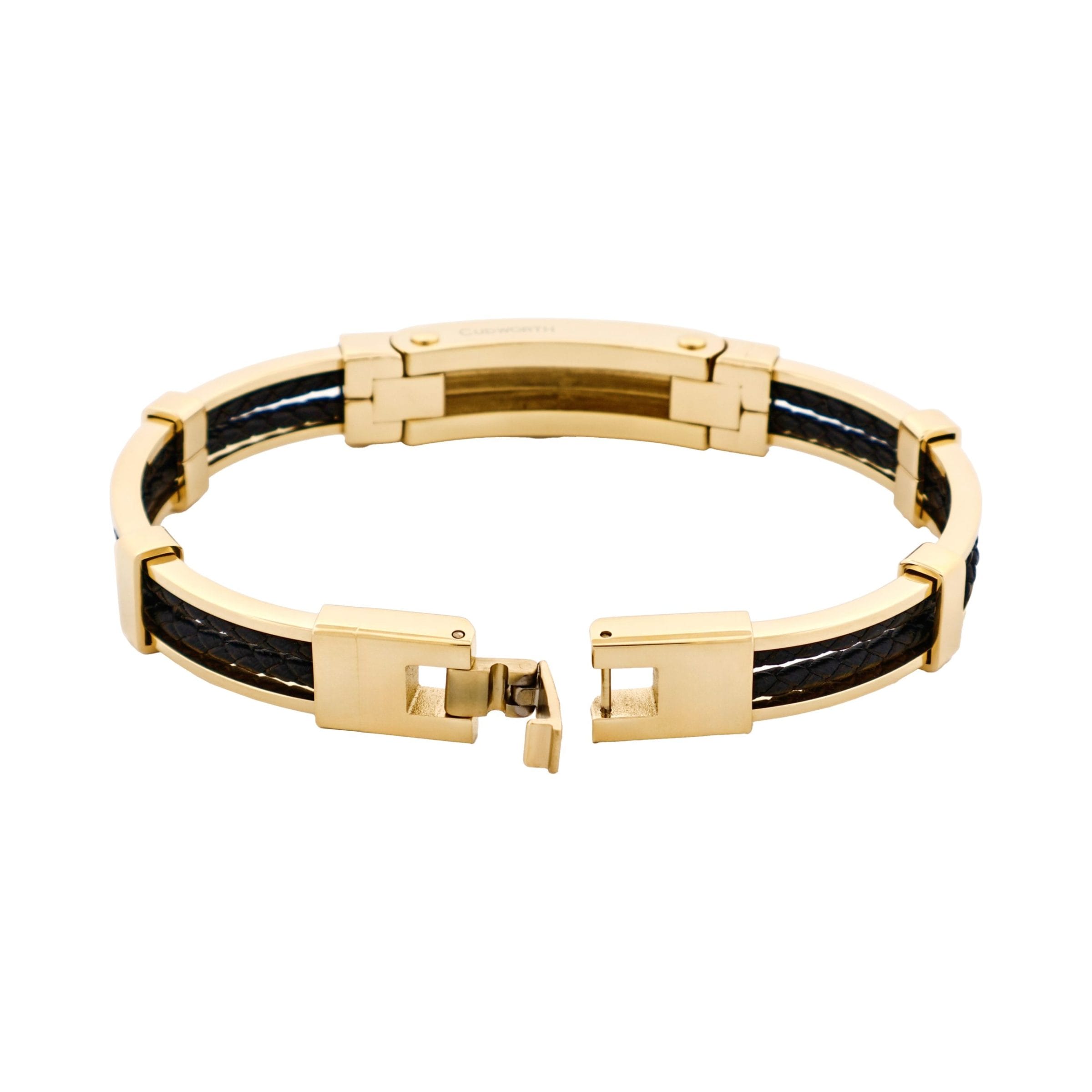 Ion Plated Polished 14k Gold & Stainless Steel Black Leather Bracelet
