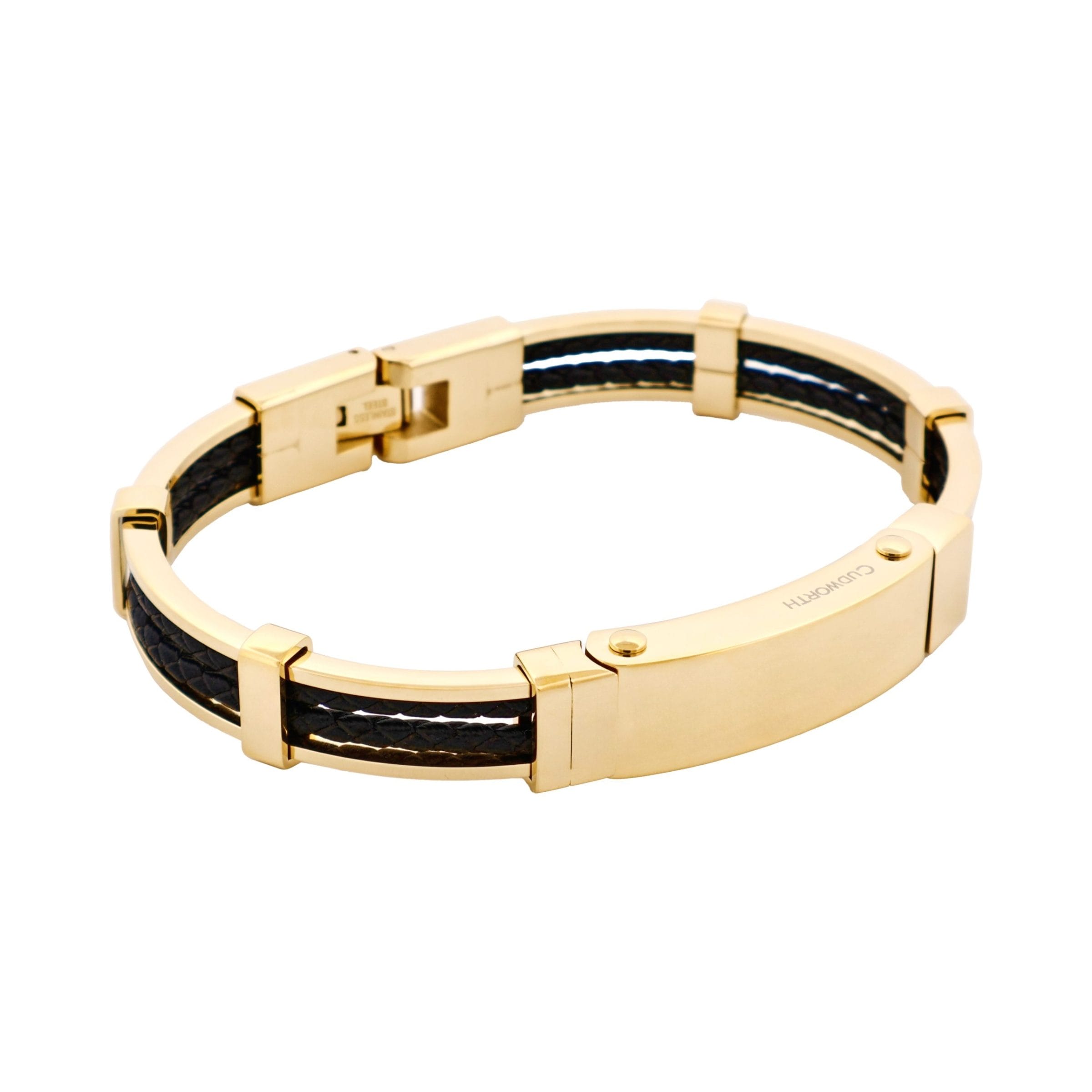 Ion Plated Polished 14k Gold & Stainless Steel Black Leather Bracelet