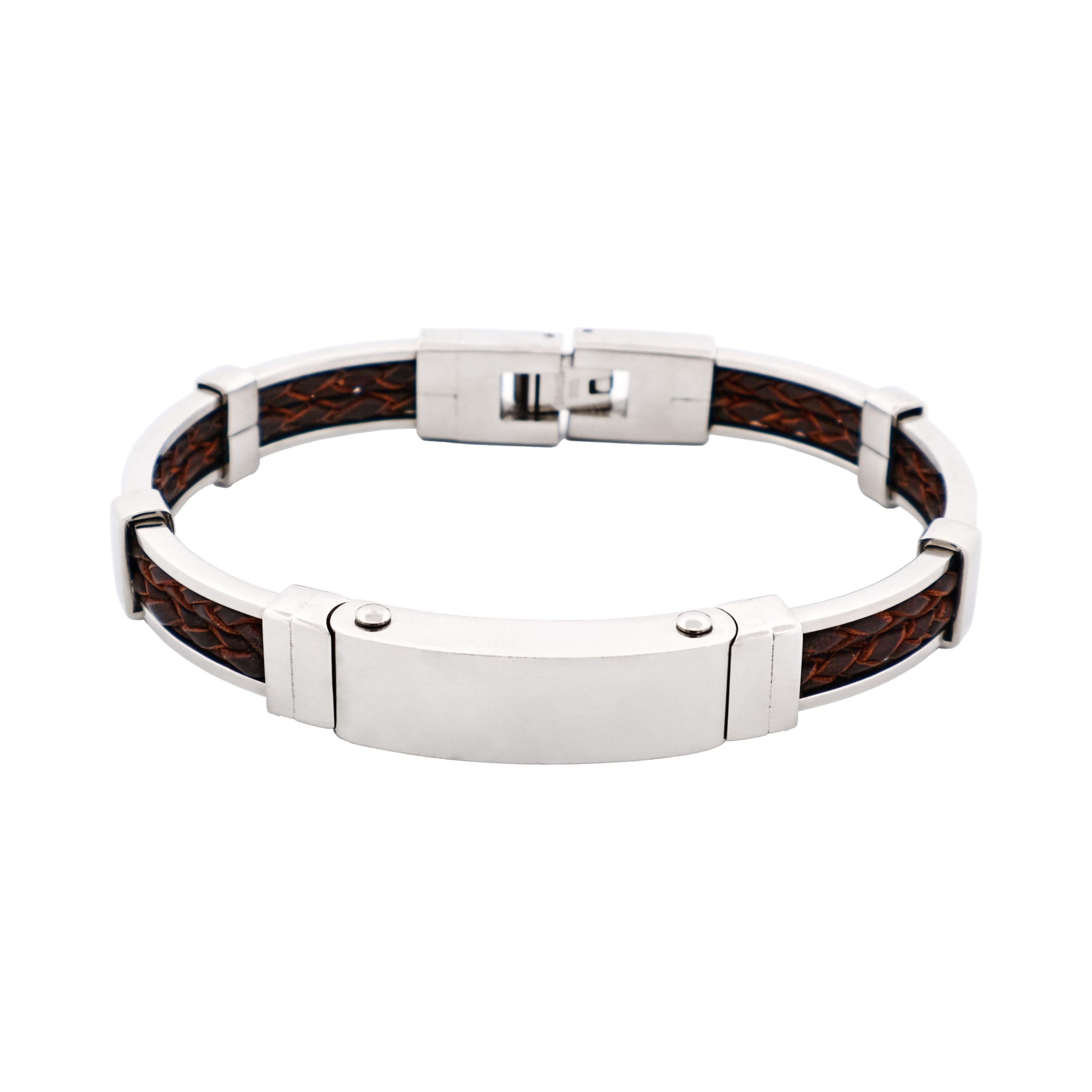 Polished Stainless Steel Bracelet with Double Strand Braided Brown Leather