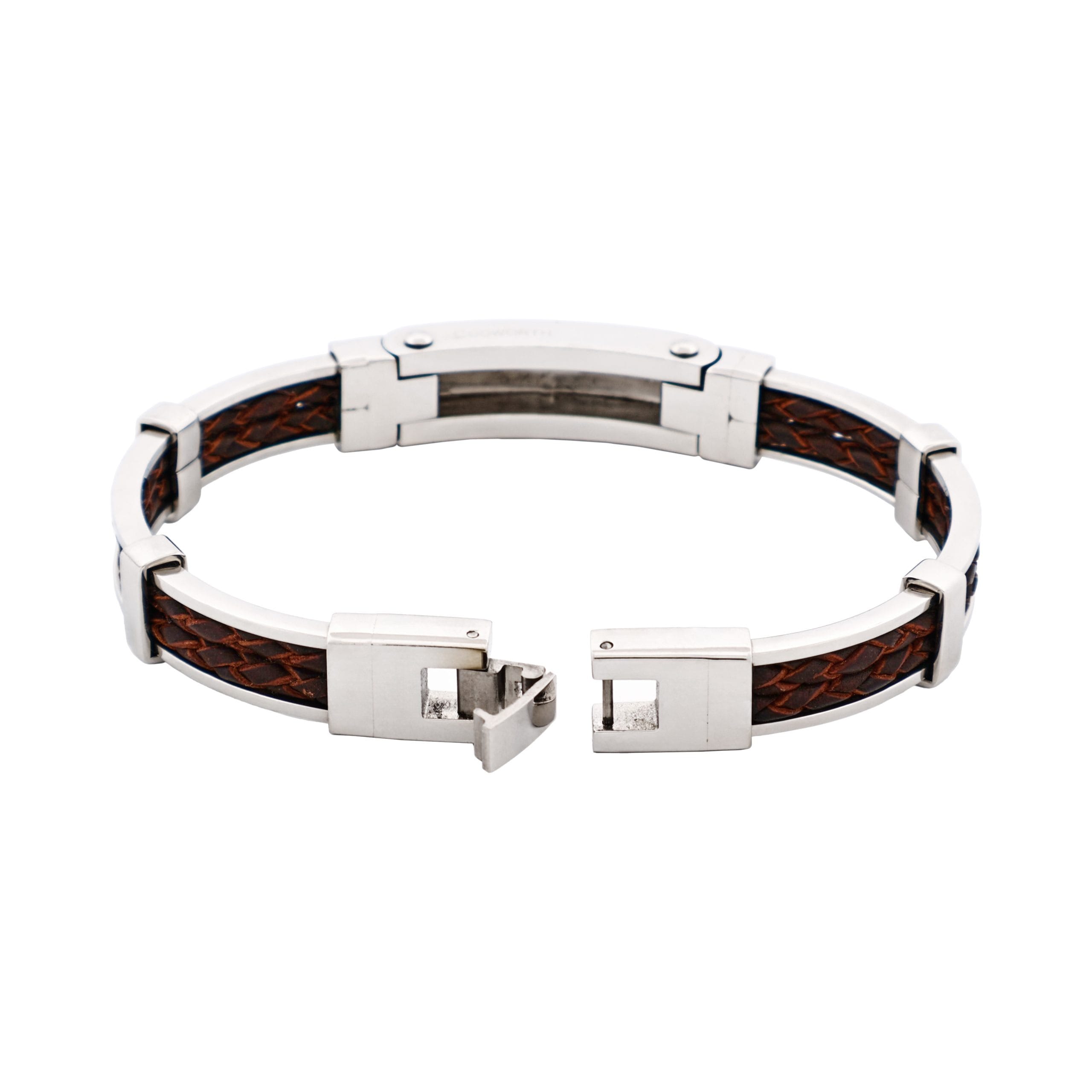 Polished Stainless Steel Bracelet with Double Strand Braided Brown Leather