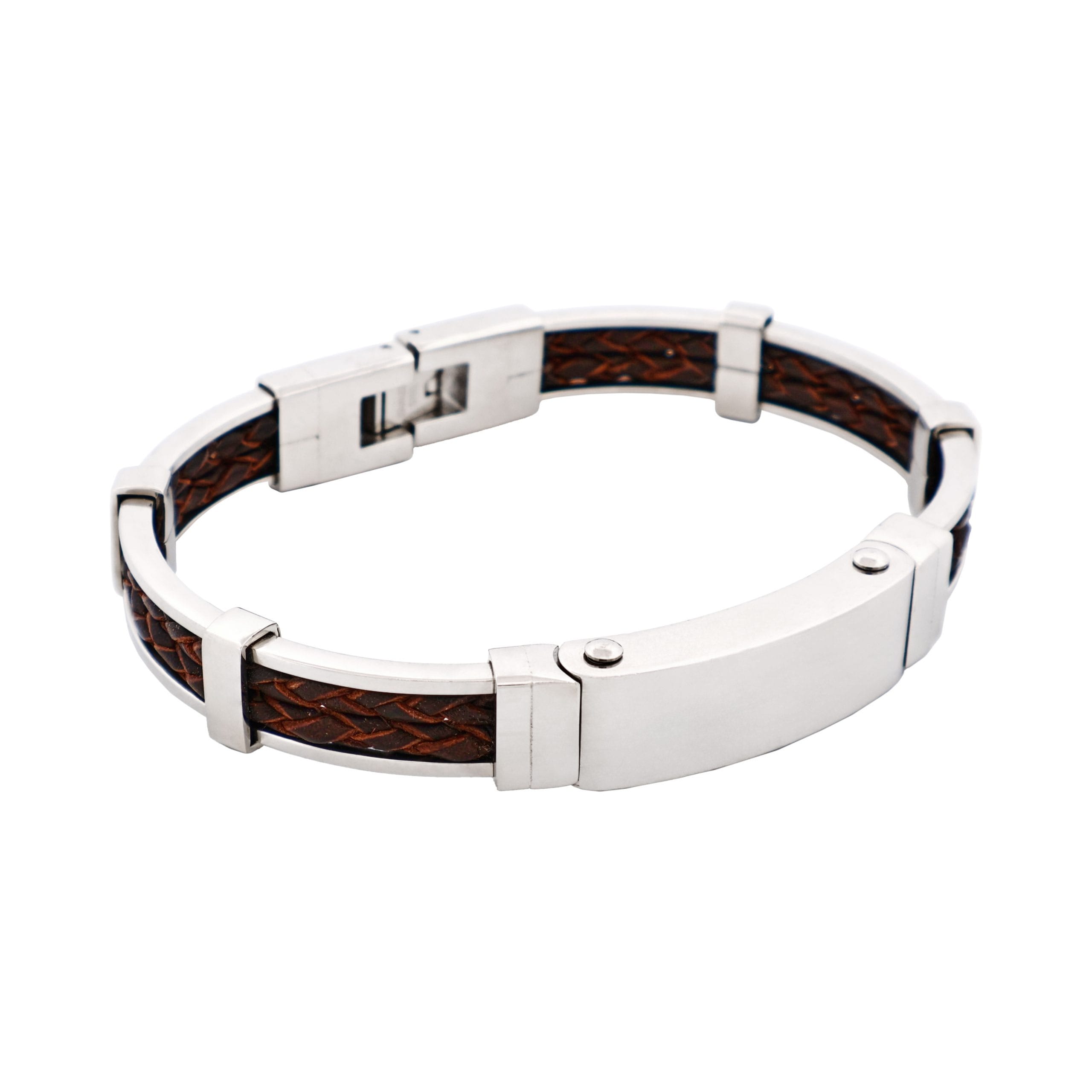 Polished Stainless Steel Bracelet with Double Strand Braided Brown Leather