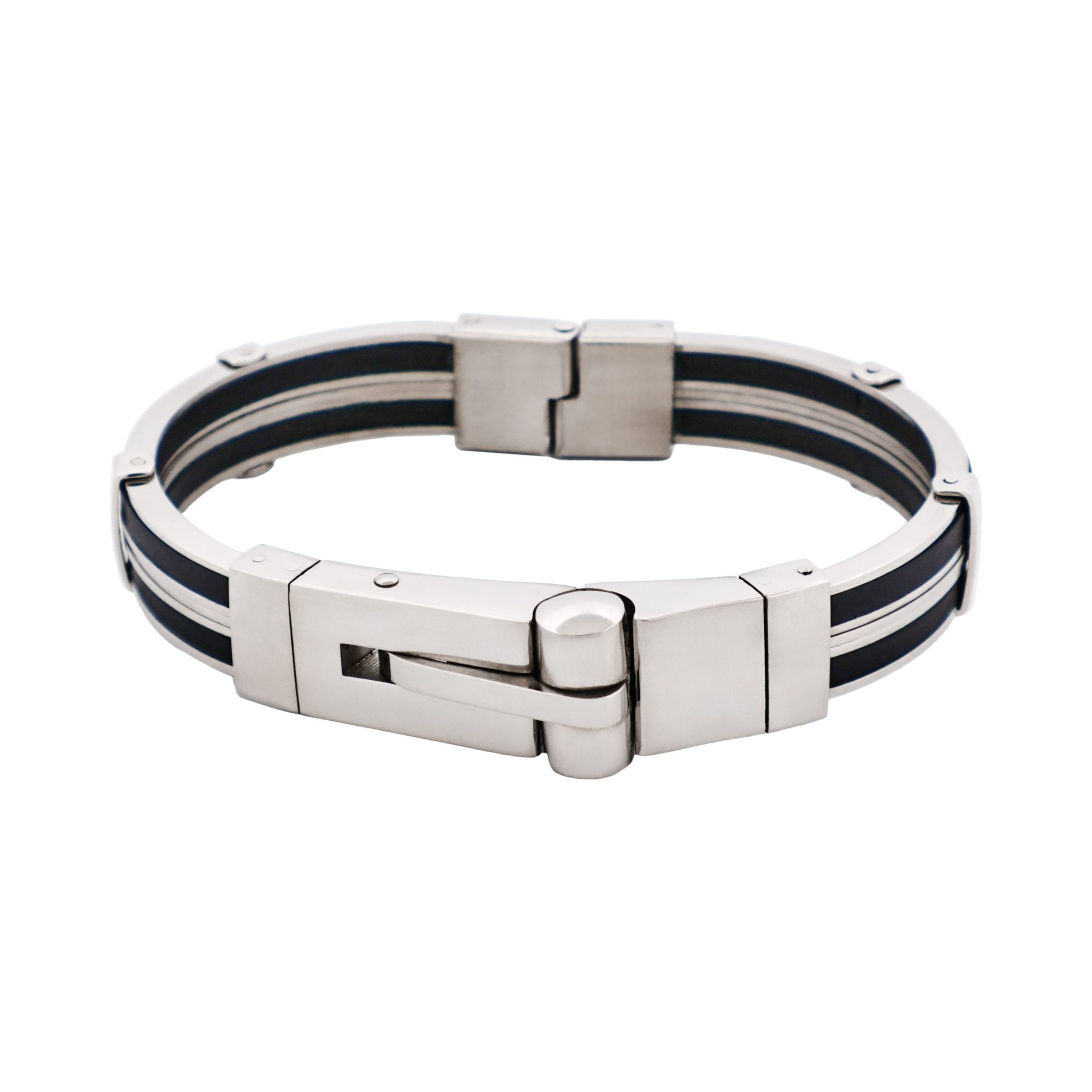 Polished Stainless Steel & Black Rubber Bracelet with Locking Clasp