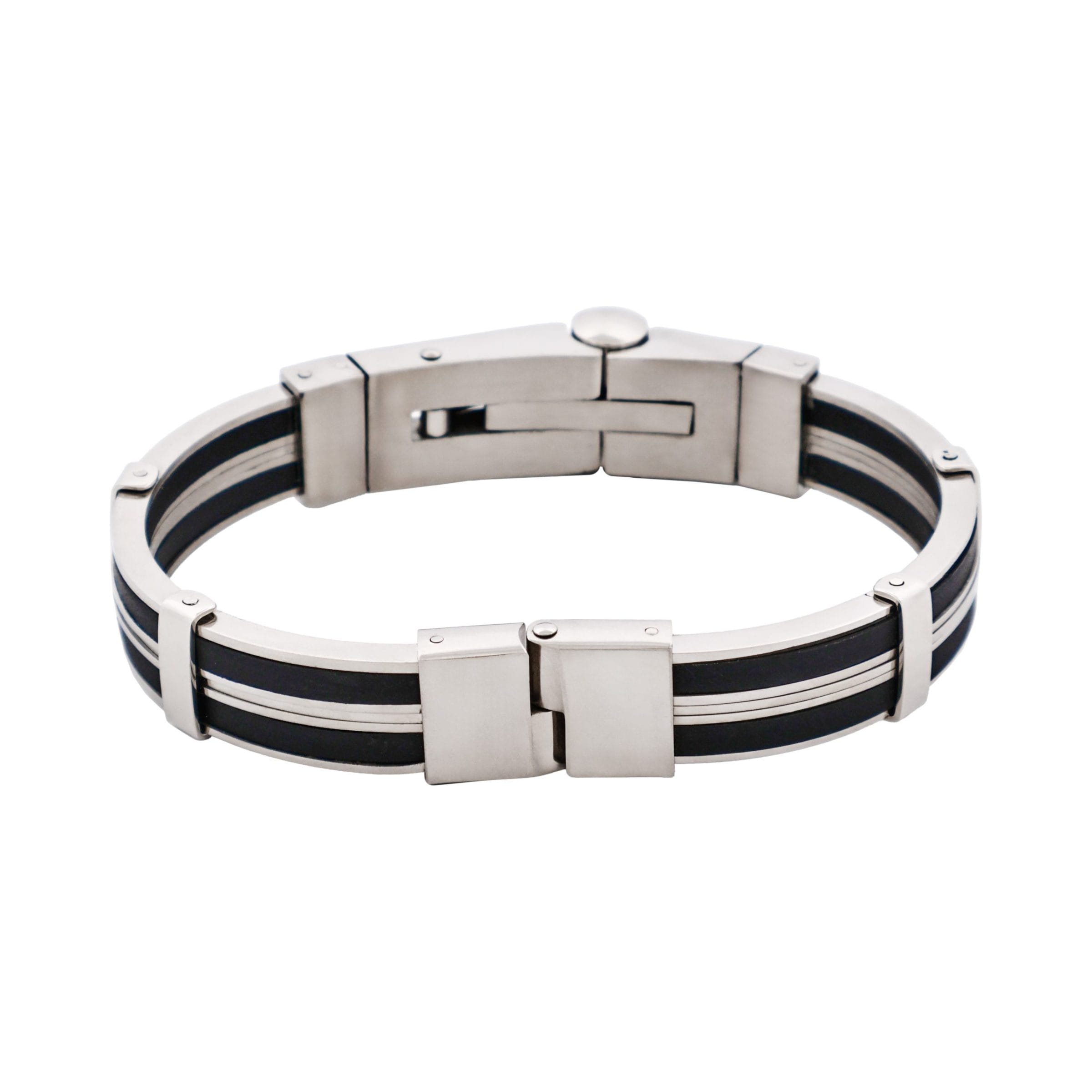 Polished Stainless Steel & Black Rubber Bracelet with Locking Clasp