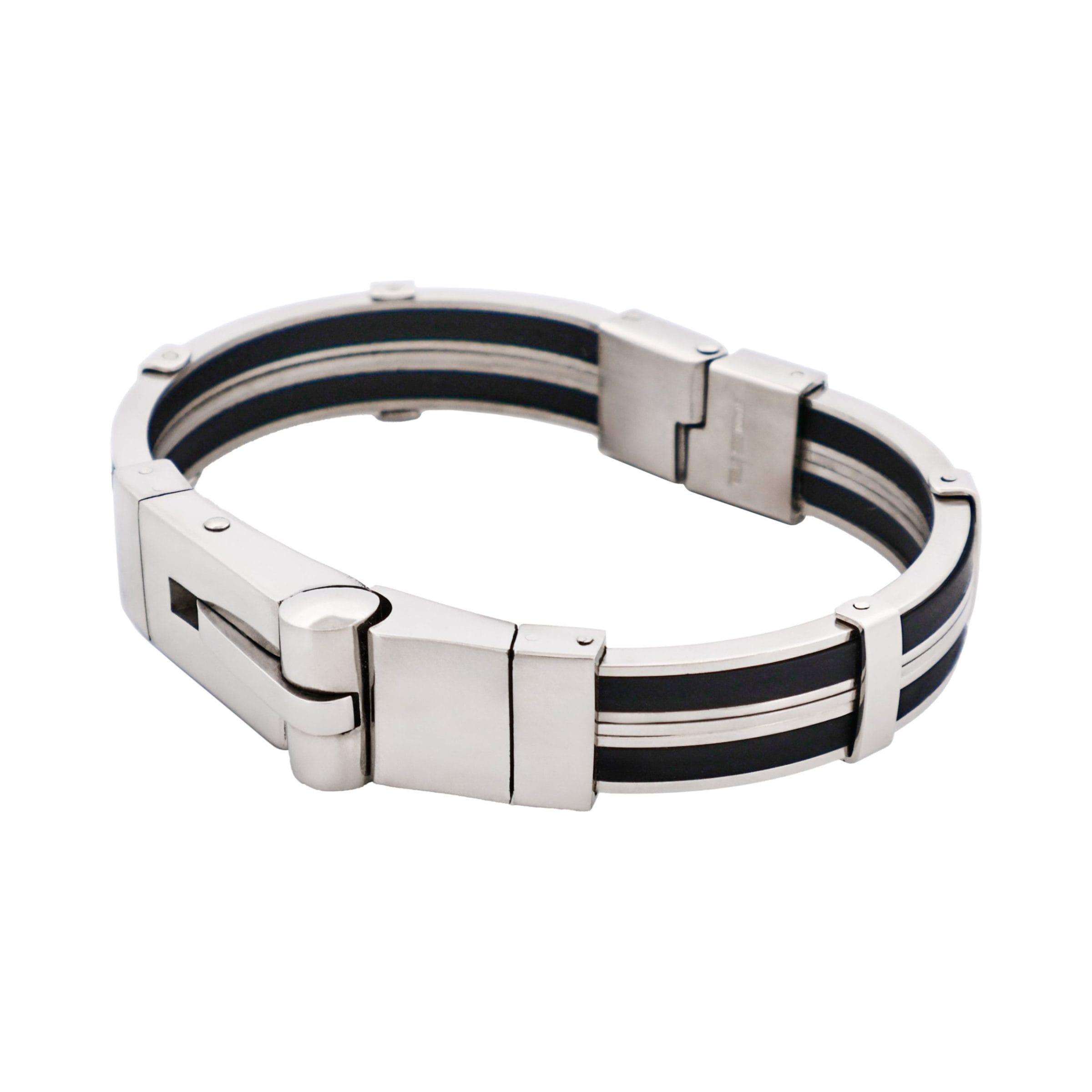 Polished Stainless Steel & Black Rubber Bracelet with Locking Clasp
