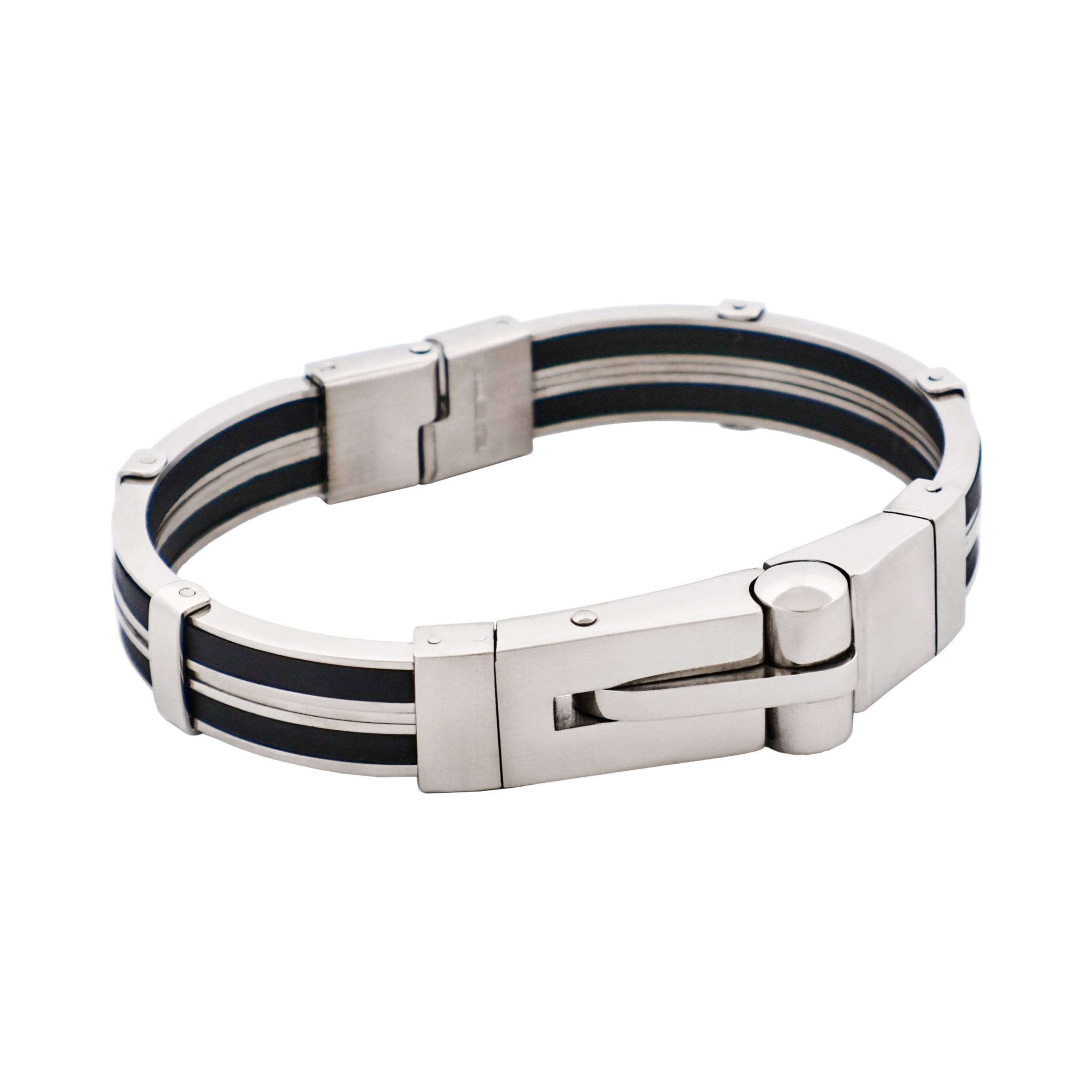 Polished Stainless Steel & Black Rubber Bracelet with Locking Clasp