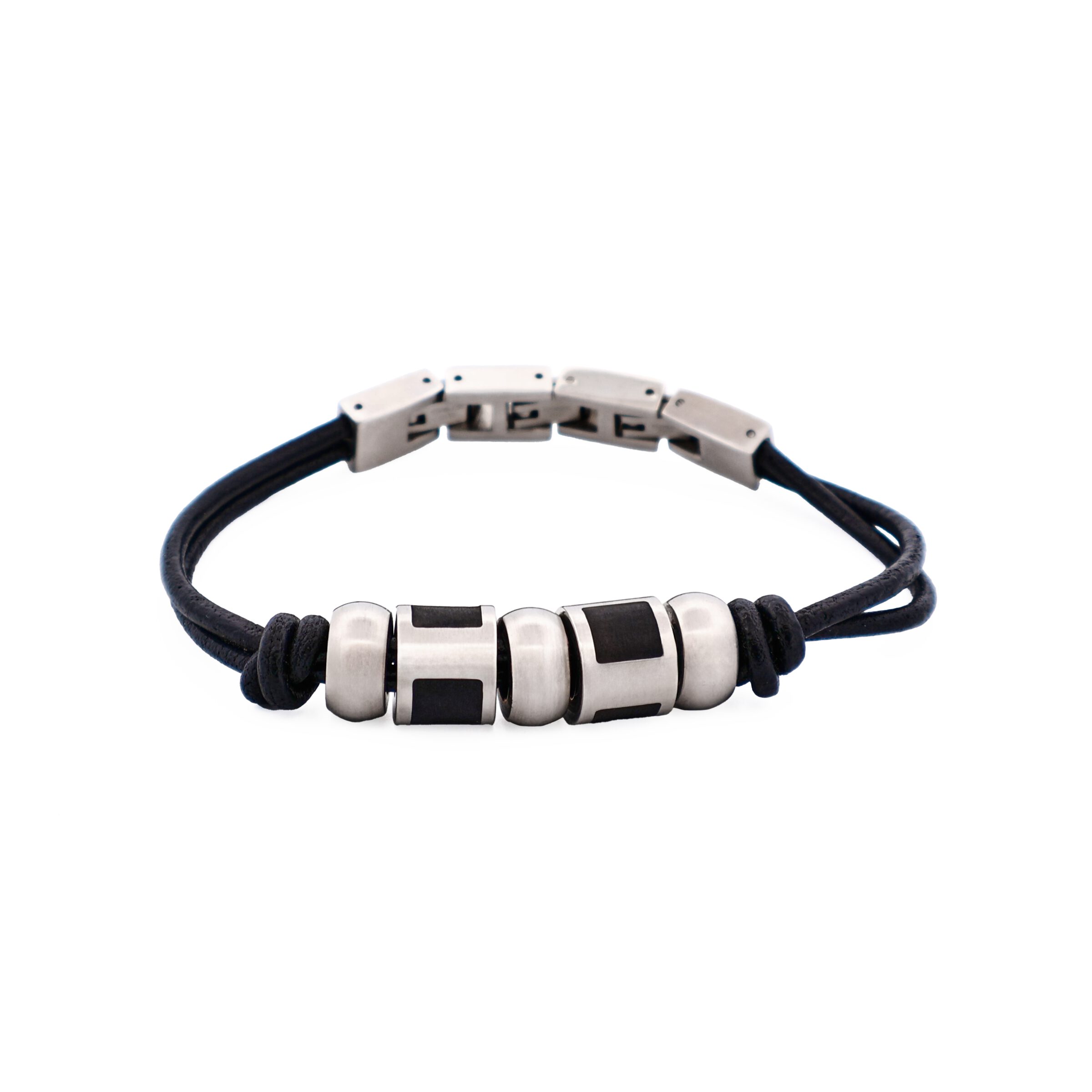 Stainless Steel &Ion Plated Black Bead Leather Bracelet