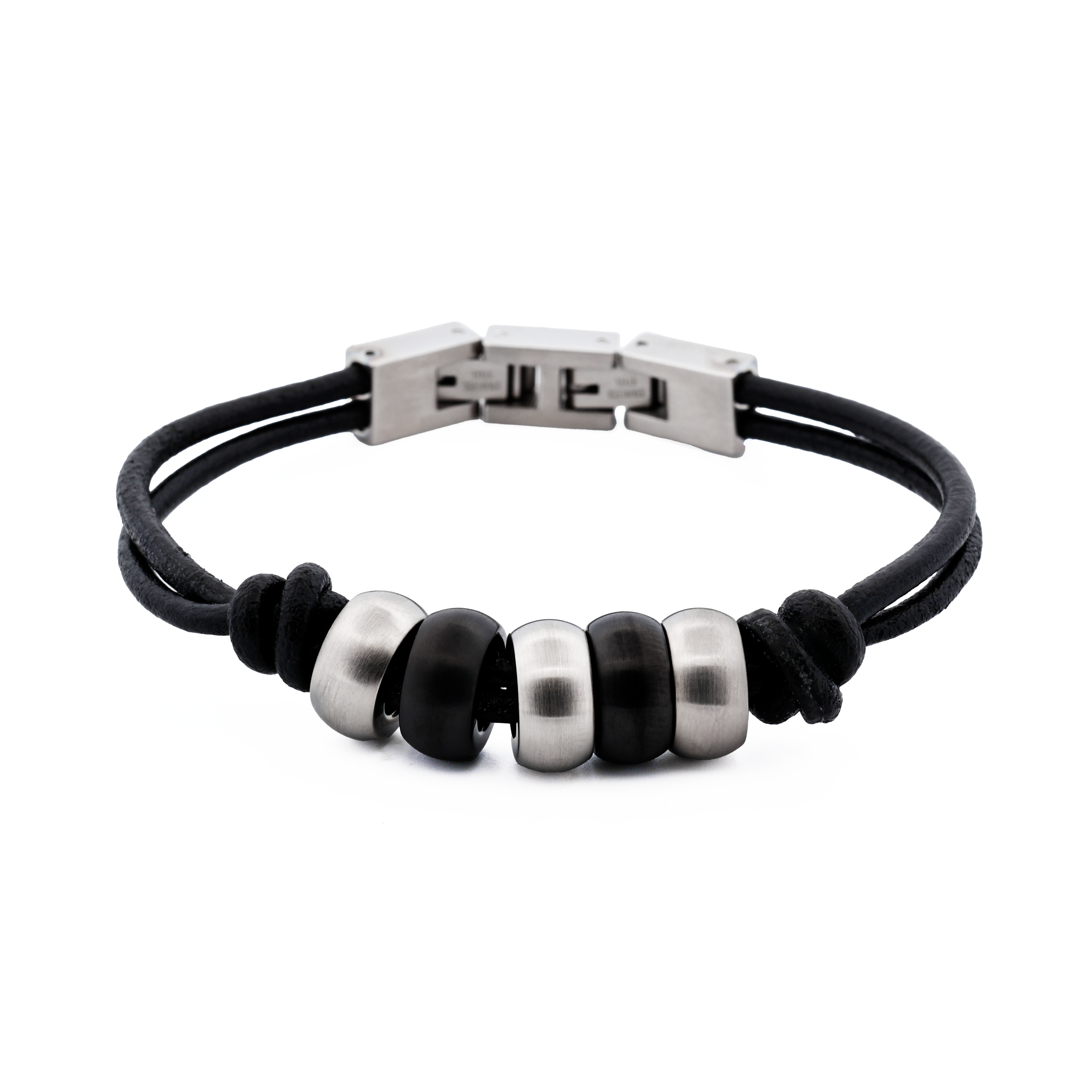 Stainless Steel/Ion Plated Black Beaded/Leather Bracelet