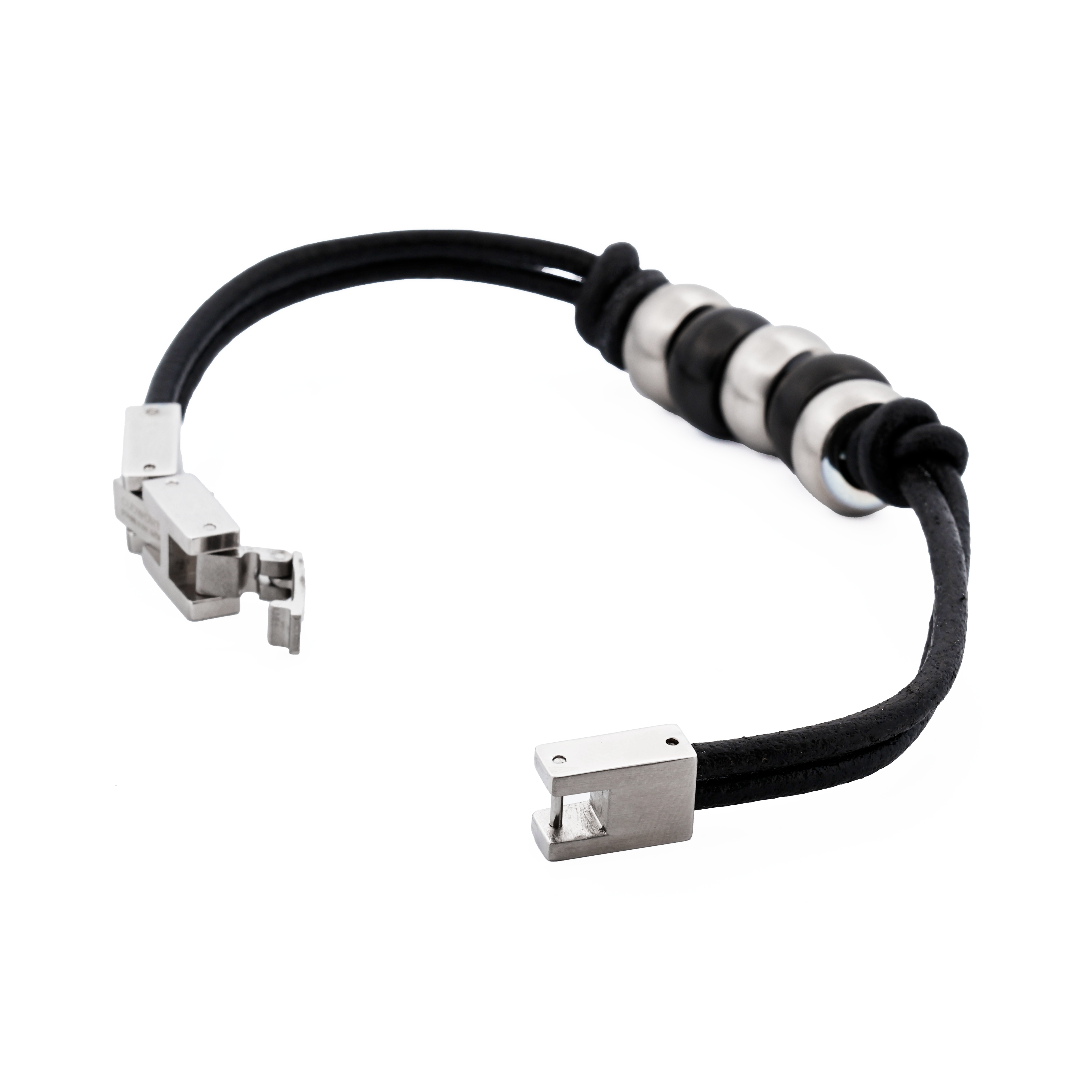 Stainless Steel/Ion Plated Black Beaded/Leather Bracelet