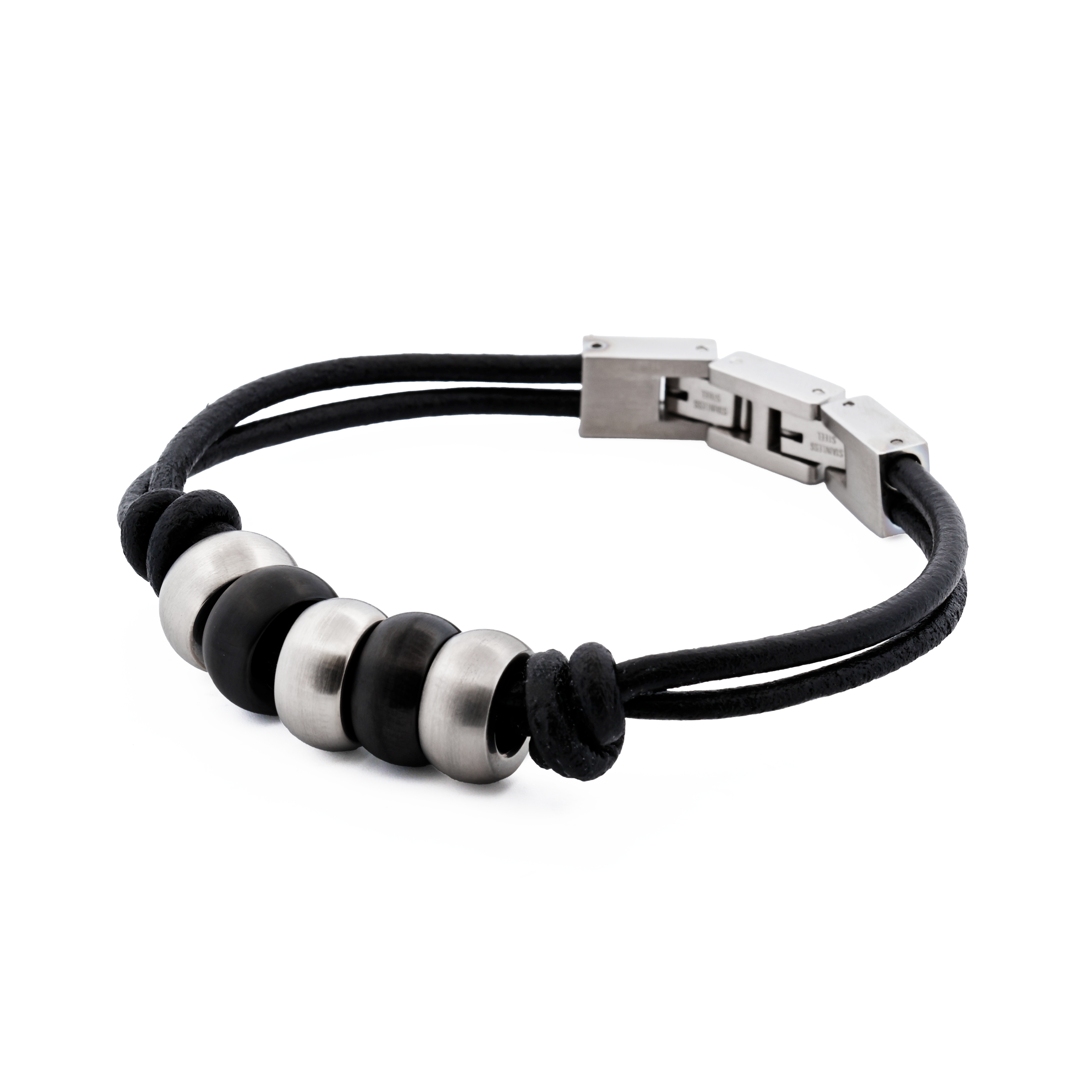 Stainless Steel/Ion Plated Black Beaded/Leather Bracelet