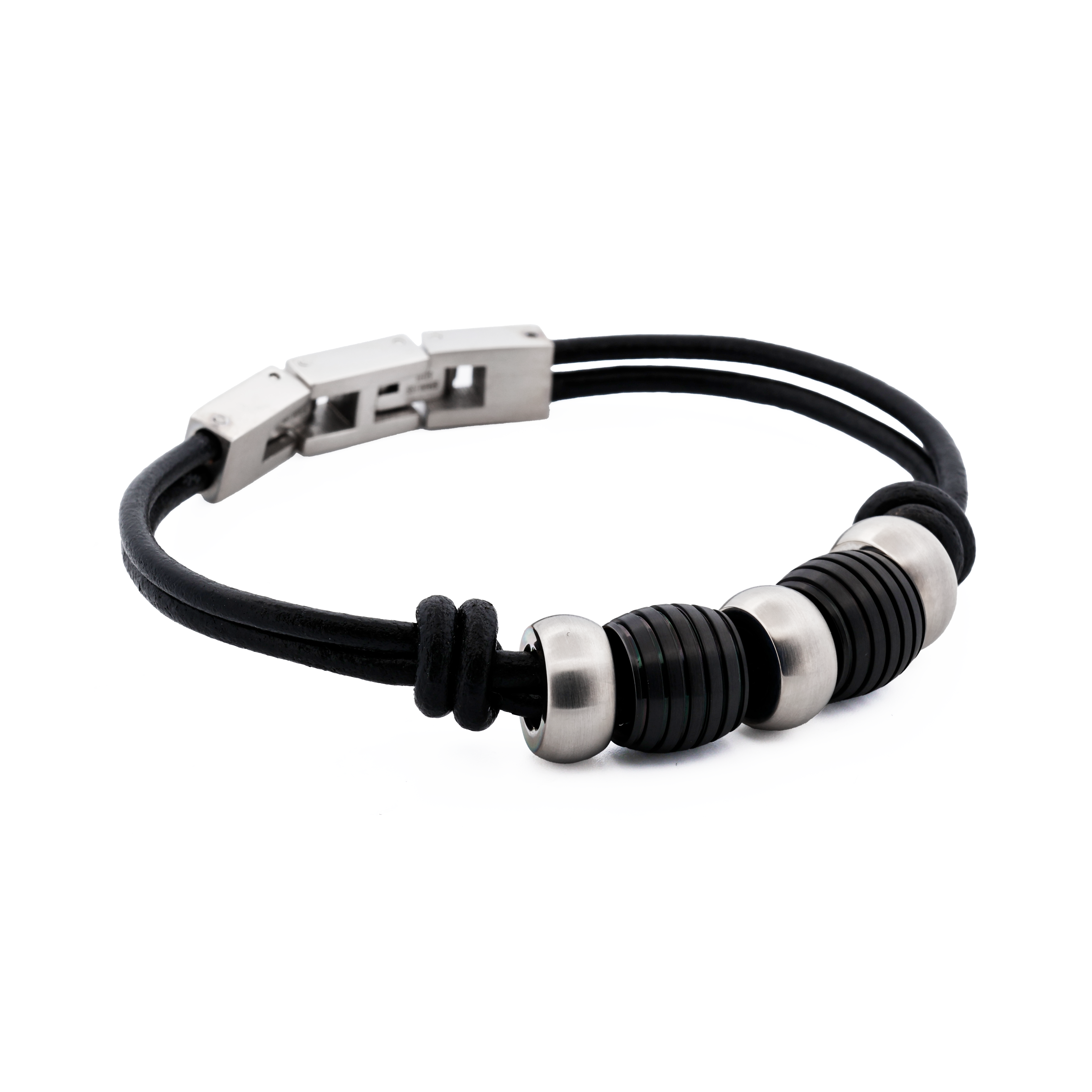 Stainless Steel/Ion Plated Black Beaded/Leather Bracelet