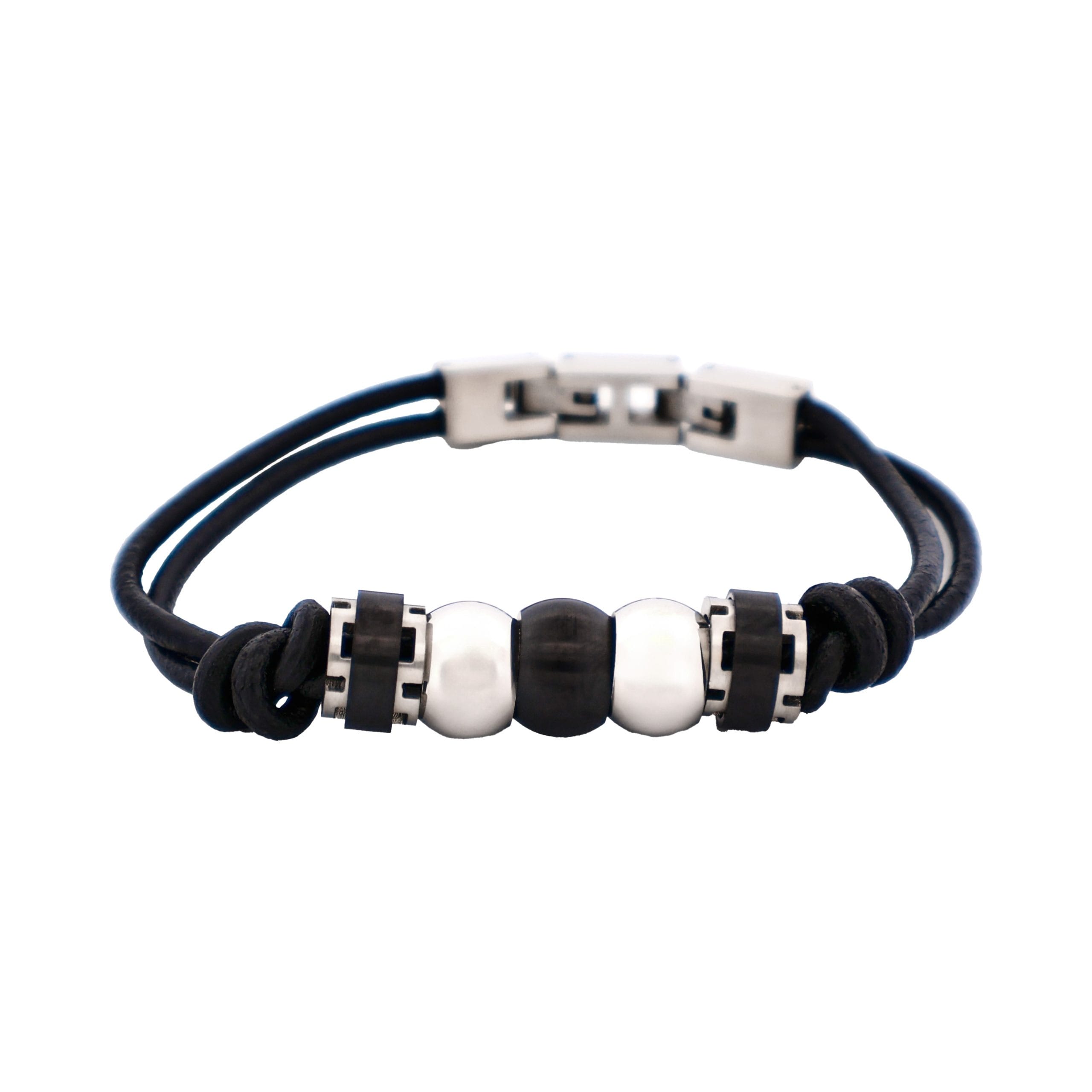 Stainless Steel &Ion Plated Black Beaded & Leather Bracelet