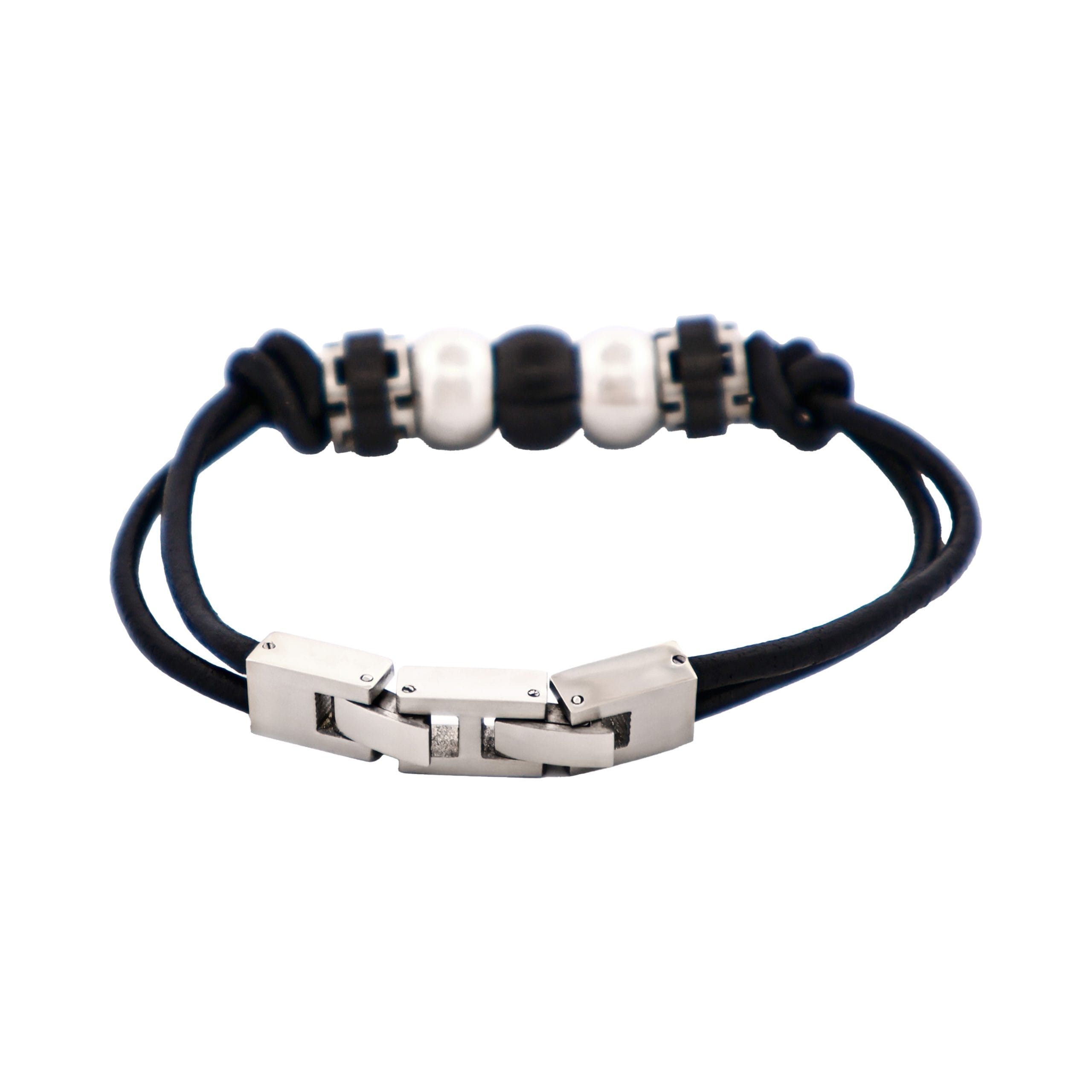 Stainless Steel &Ion Plated Black Beaded & Leather Bracelet
