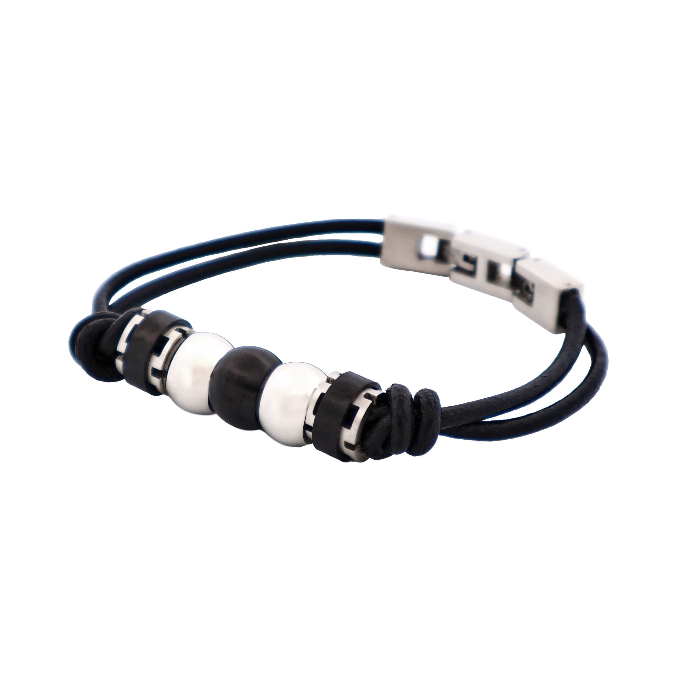 Stainless Steel &Ion Plated Black Beaded & Leather Bracelet