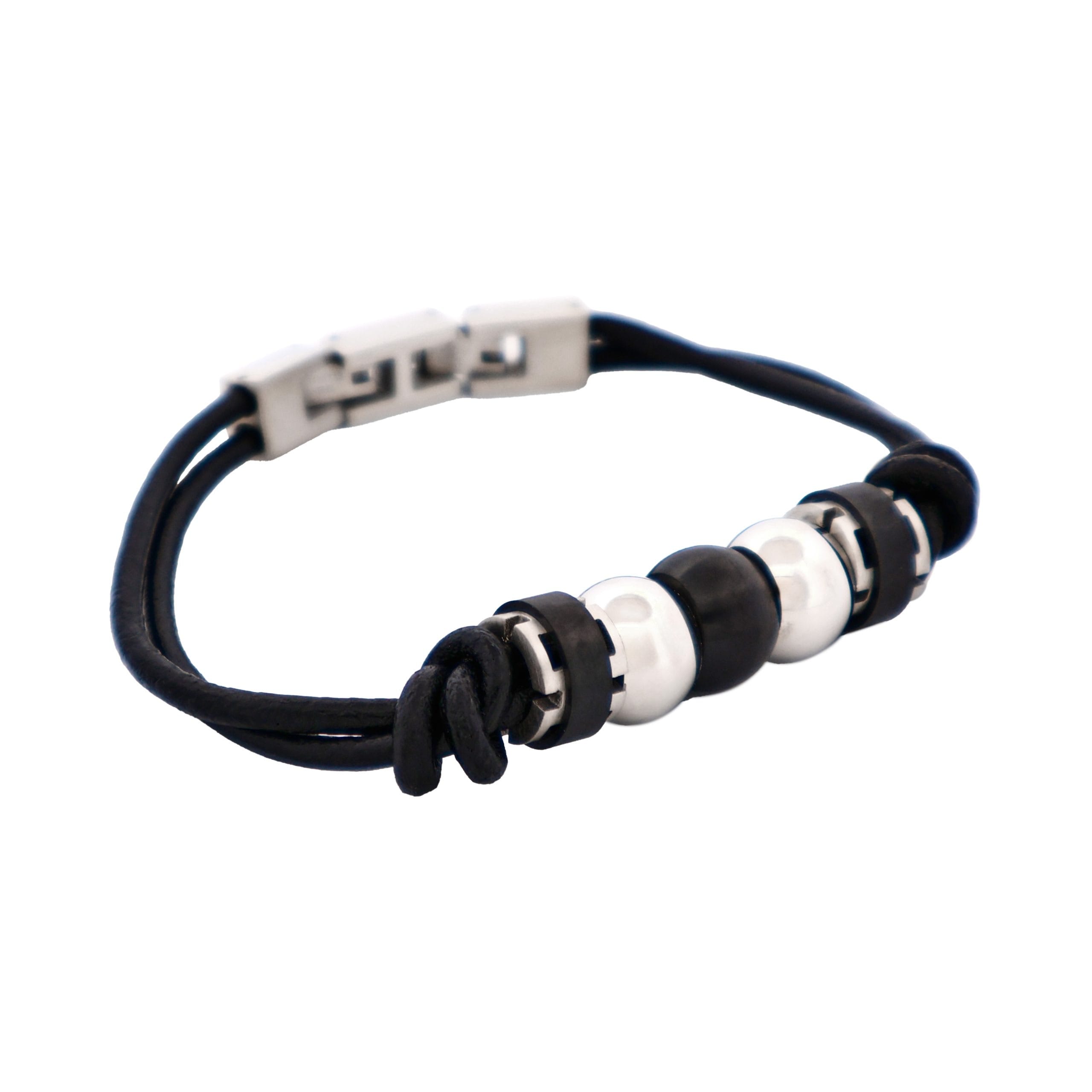 Stainless Steel &Ion Plated Black Beaded & Leather Bracelet
