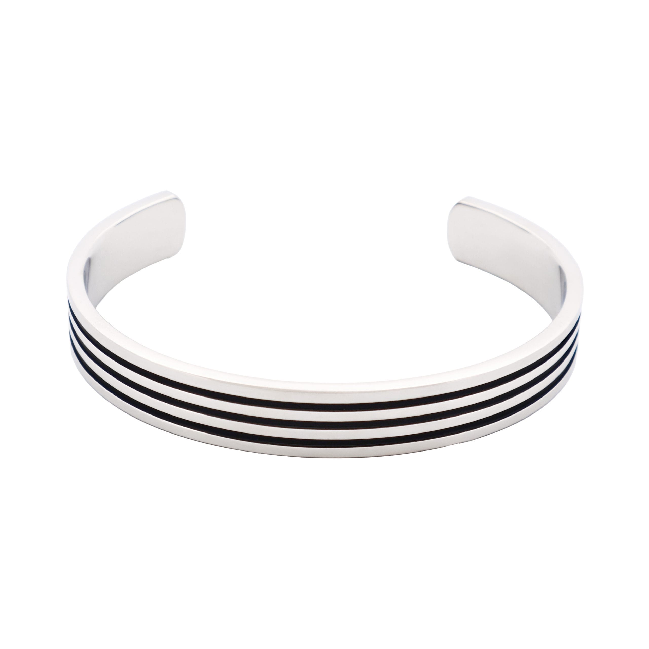 Brushed and Polished Stainless Steel Cuff/Bangle + Ion Plated Black StrIpes