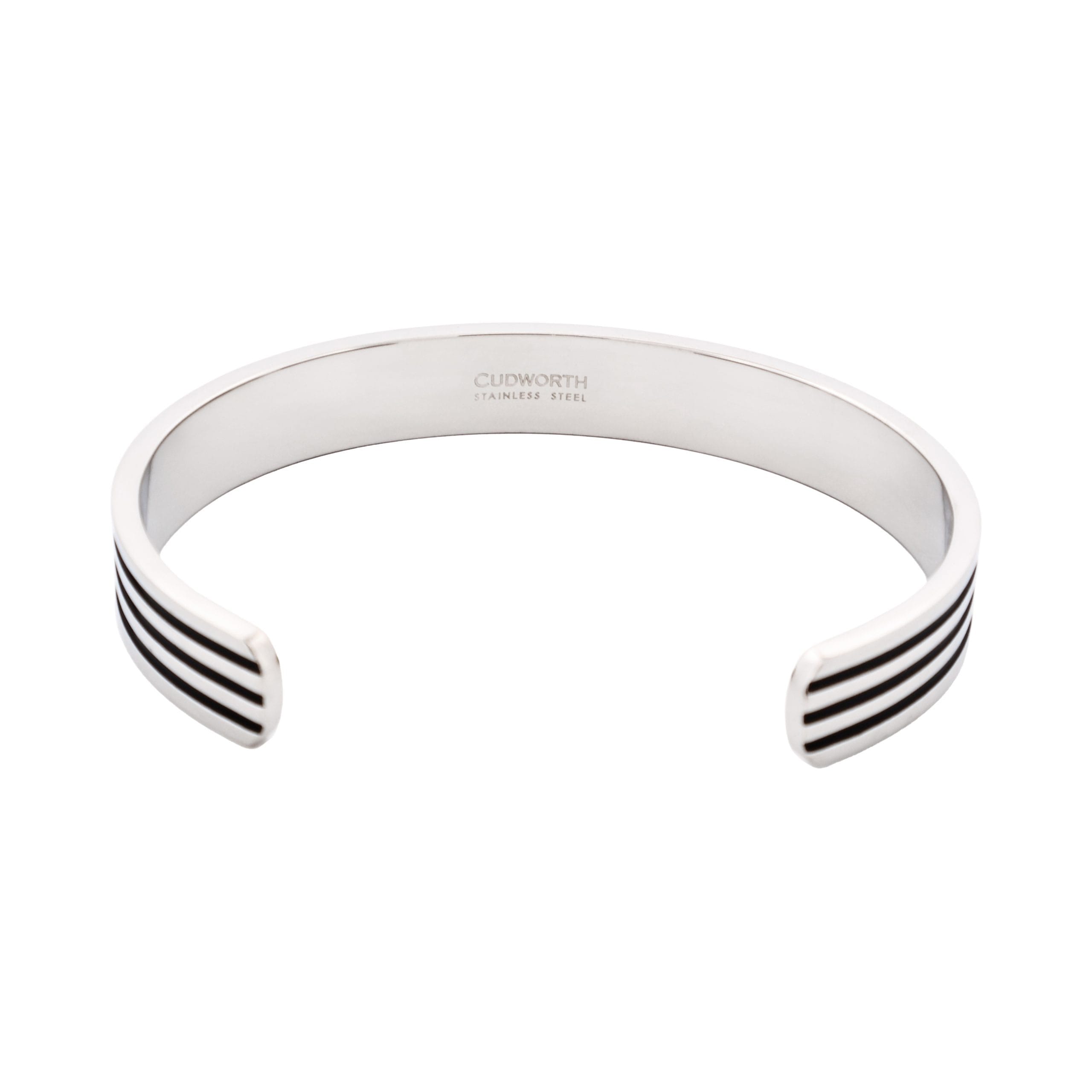 Brushed and Polished Stainless Steel Cuff/Bangle + Ion Plated Black StrIpes